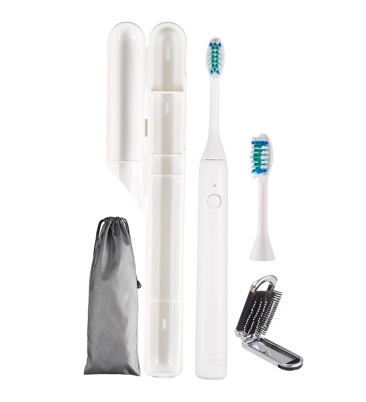 SOARING Portable Electric Toothbrush with Travel Case - 2 Brush Heads & Folding Hair Brush for Travel - Perfect for School Business & Camping (White - Buy Online on GoSupps.com