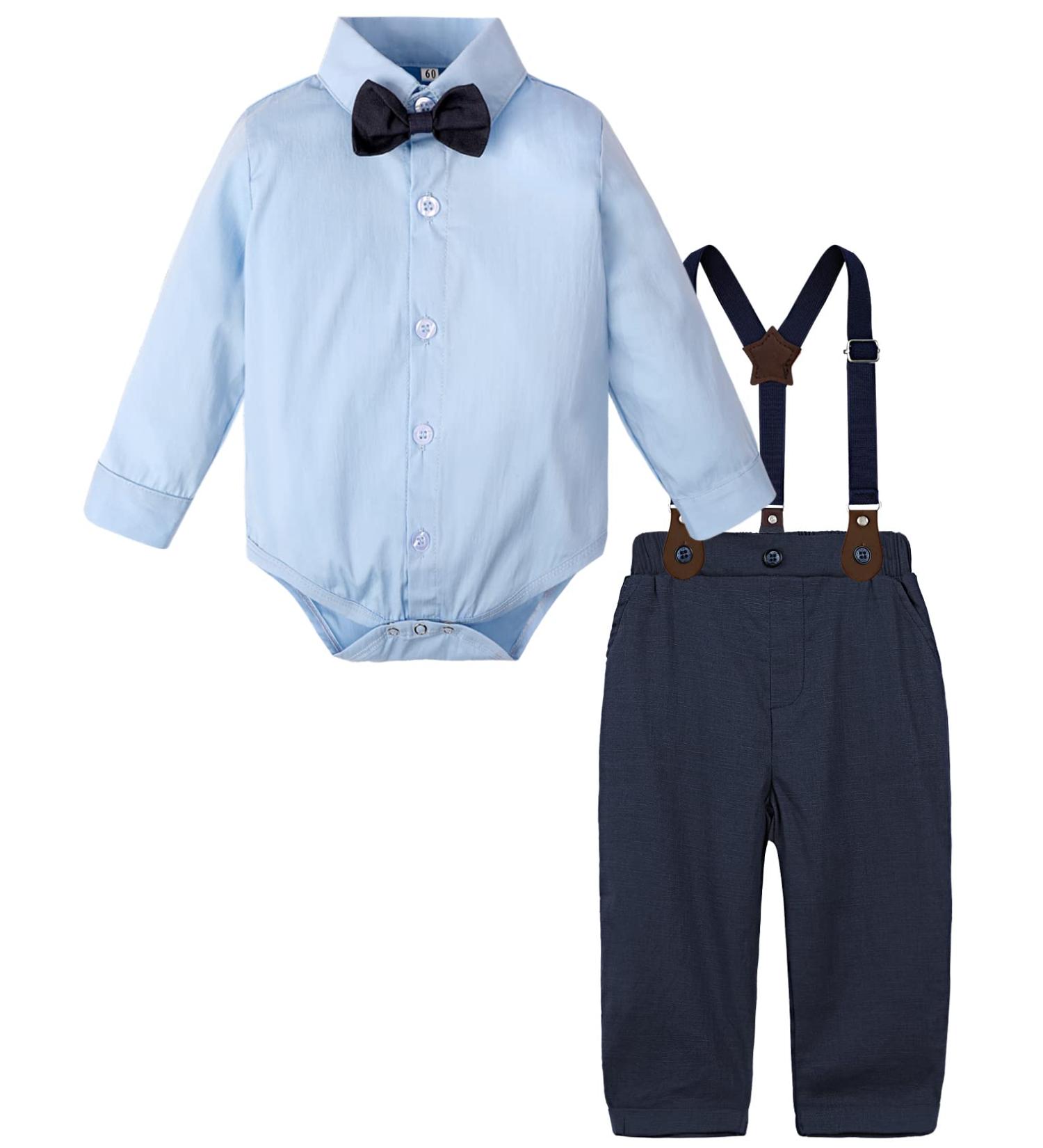 Mint Green 12-18 Months Baby Boy Wedding Outfit Set: Bodysuit, Suspender Trousers, Shirt, Bow Tie - Solid Blue Gentleman Clothing - Buy Online on GoSupps.com