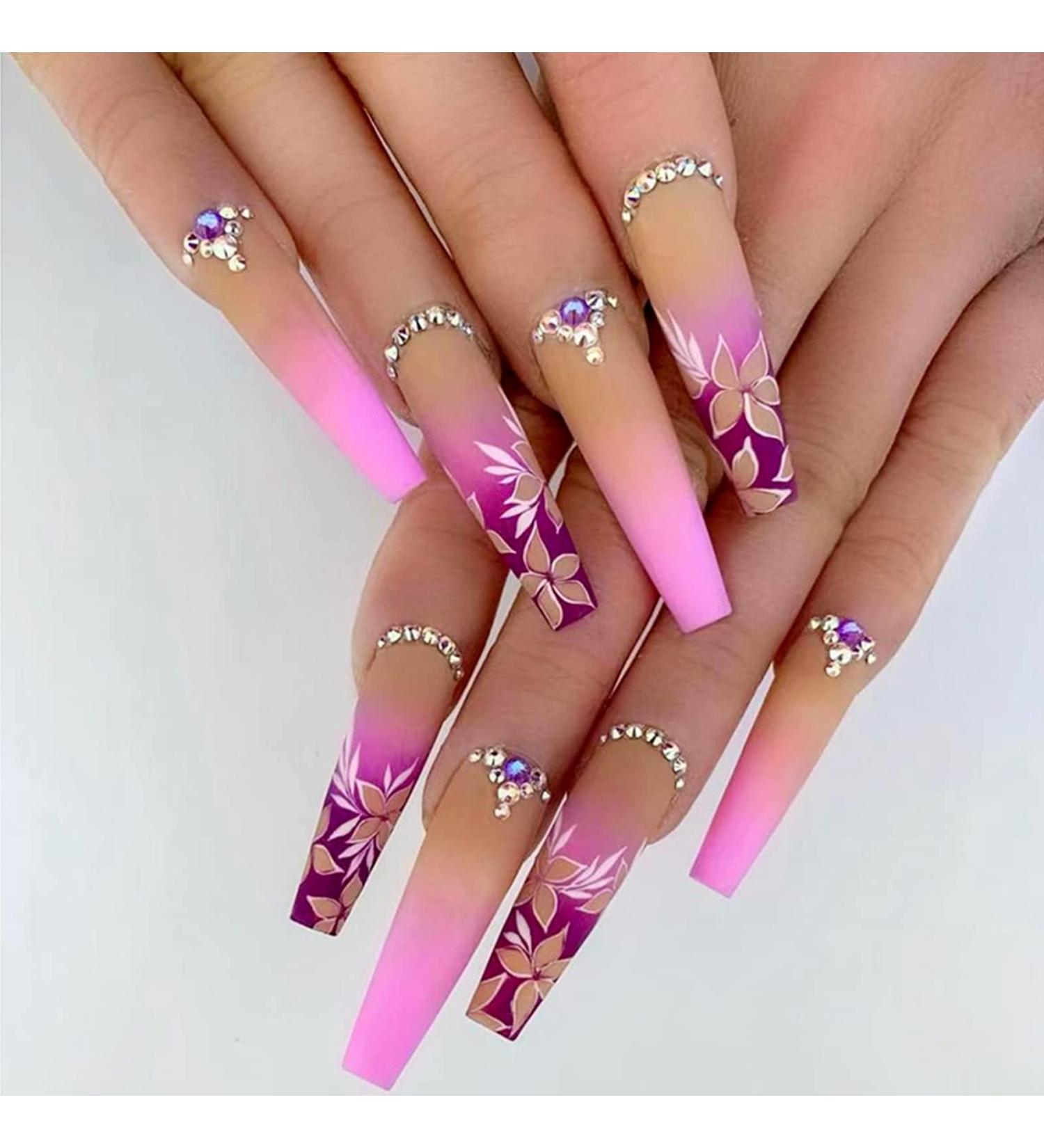 QINGGE Rhinestones Coffin Press on Nails - Pink Flower Design | Long Fake Nails for Women | Matte Stick on Nails - Buy Online on GoSupps.com