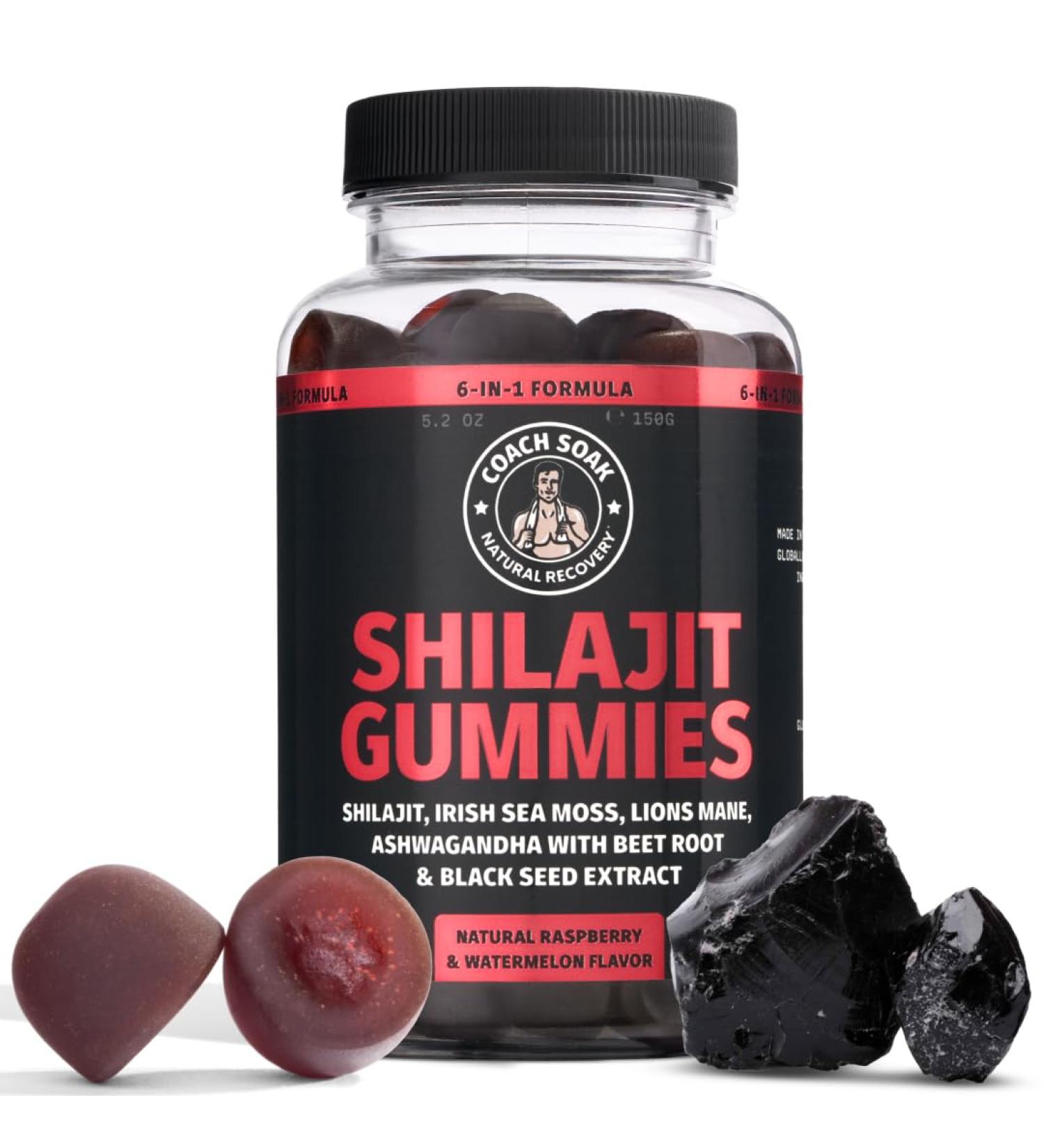 Coach Soak Shilajit Gummies 6-in-1: Tasty Raspberry Watermelon Flavor with Ashwagandha Lion s Mane Irish Sea Moss Beet Root & Black Seed Oil - Lab Tested Pure Shilajit for Men and Women | 60 ct 60 Count (Pack of 1) - Buy Online on GoSupps.com