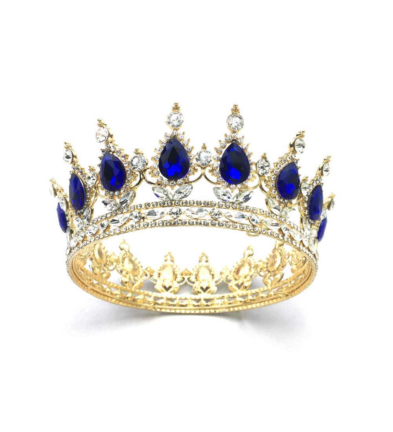 QIDIAN Fashion Bride Full Crown Princess Tiara Handmade Headband Jewelry - Gold+Blue - Buy Online on GoSupps.com