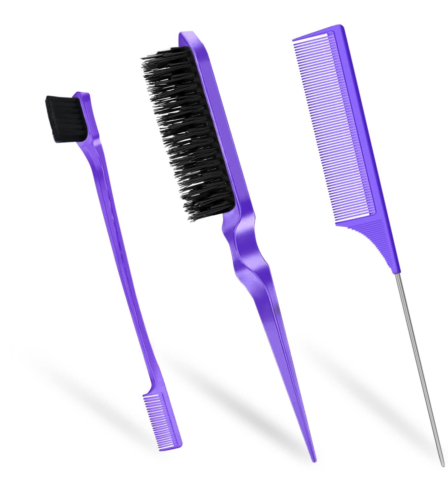 Sularpek 3-Piece Sleek Bun Brush Set | Double Edge Teasing Brush & Rat Tail Comb | Perfect for Hairdressers & Women - Purple - Buy Online on GoSupps.com