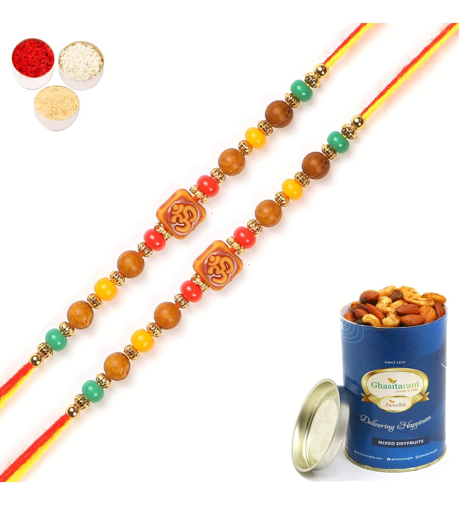 Ghasitaram Gifts Rakhis Online for Brother- Set of 2-6083 Rakhi Thread with 100 GMS of Dryfruits Mix Can 2 Rakhi with 100 gms of Dryfruits Mix Can - Buy Online on GoSupps.com