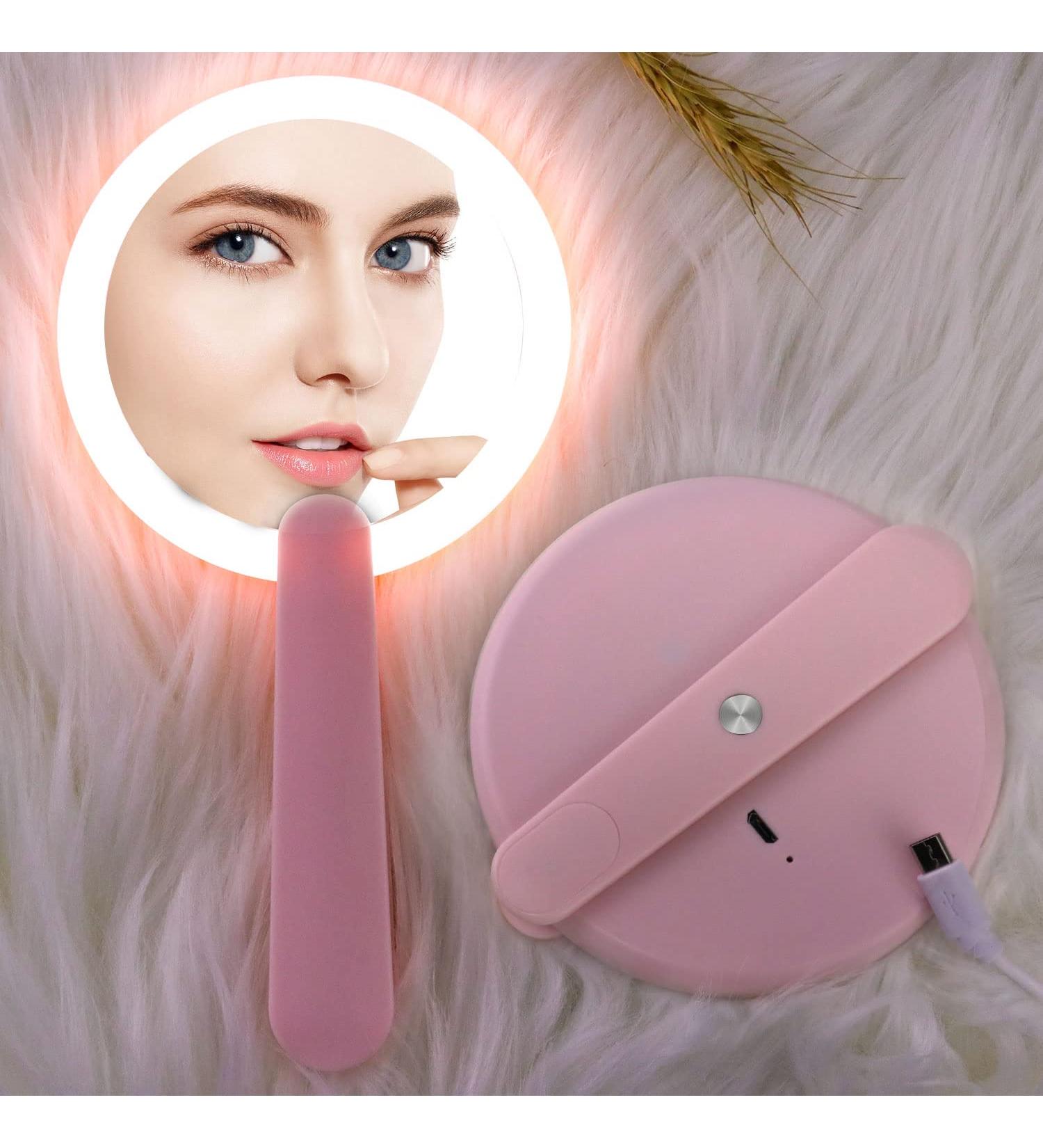 Laokiiy LED Handheld Mirror with Swivel Folding Handle - USB Rechargeable Compact Makeup Mirror for Travel, Office, and Outdoor Use (Pink) - Buy Online on GoSupps.com