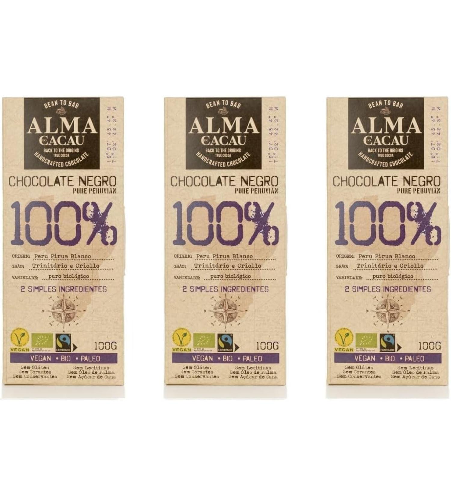 Alma do Cacau 100% Cocoa Origin Chocolate - Pack of 3 x 100g bars - Vegan eco-friendly and paleo product - Originating from S o Tom and Pr ncipe - No cane sugar or palm oil