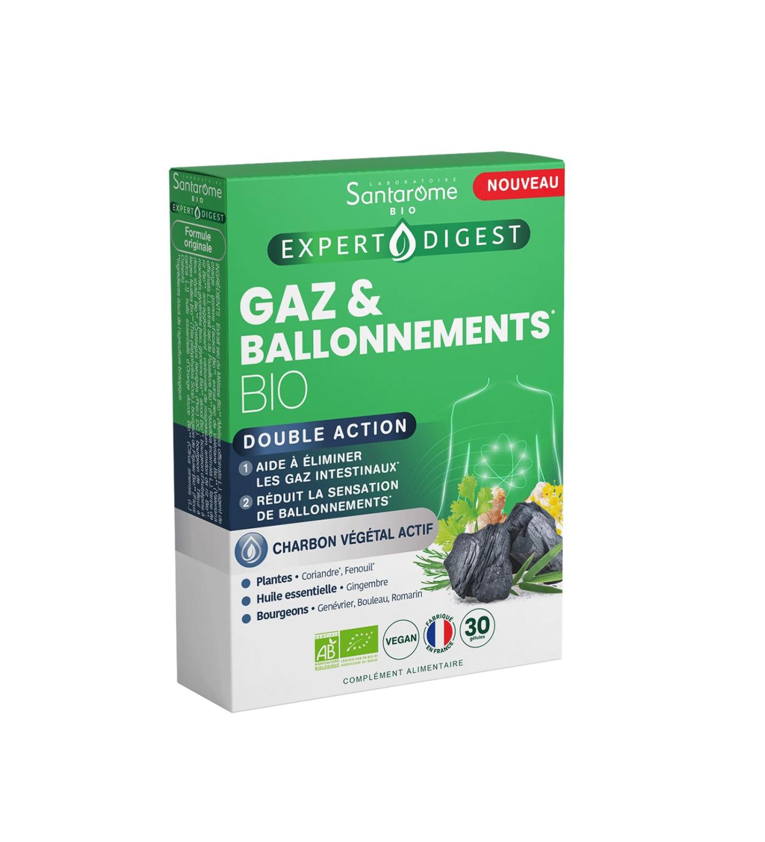 Santarome Bio - Gas & Bloating - Transit Food Supplement - Active Vegetable Charcoal - Organic Plants & Buds - France - 30 capsules - Buy Online on GoSupps.com
