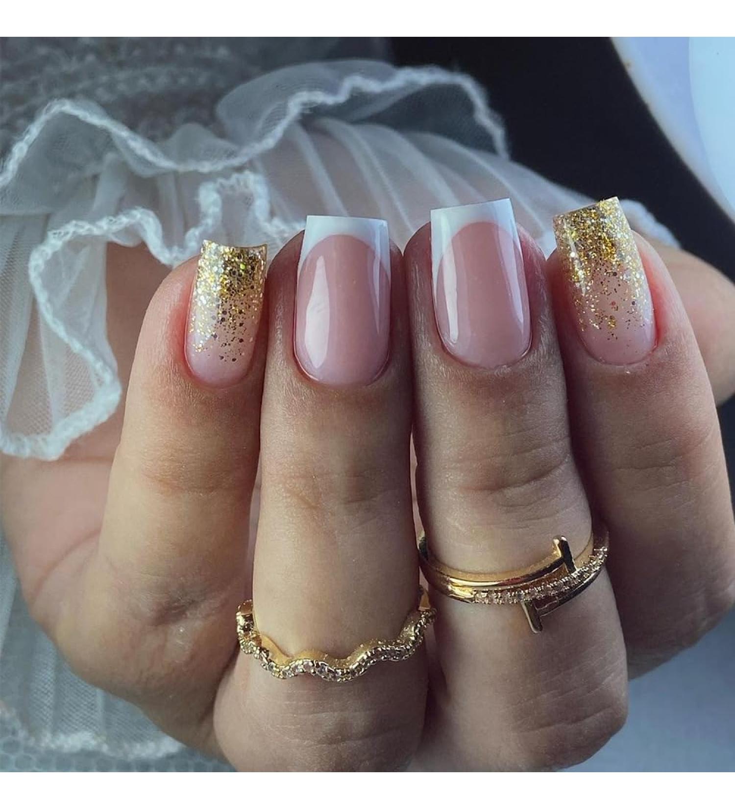 Buy Mouyouglow Press on Nails - Short Squared Nude Rosa White French with Gold Glitter & Glossy Finish | Artificial Fingernails with Glue - Perfect Nail Art FA4 - Buy Online on GoSupps.com