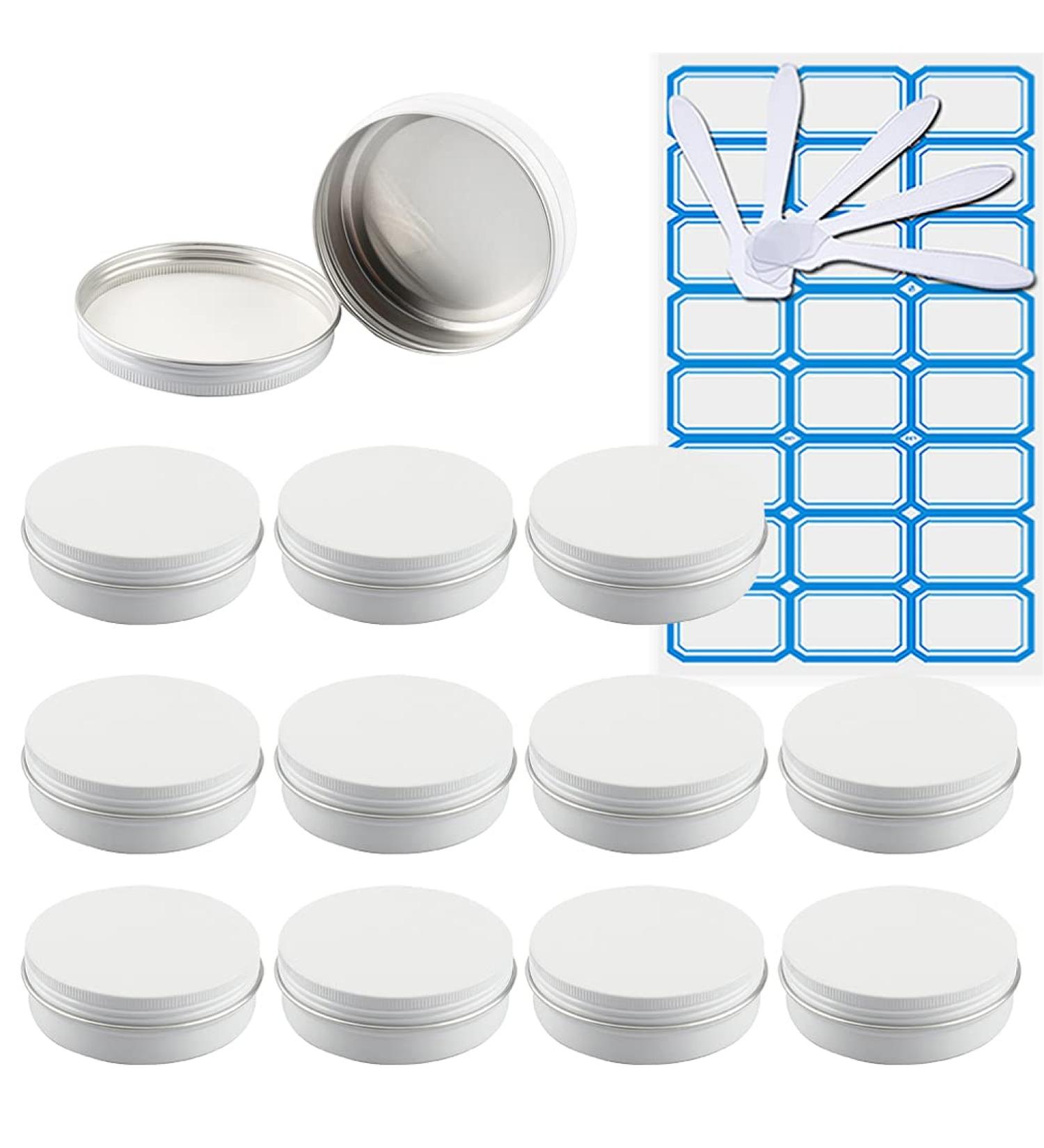 Zeoabsy 10 Pack 100ml White Aluminum Jars - Round Screw Lid Tins for Cosmetics Candles & Ointments - Includes 5 Spatulas & Labels - Buy Online on GoSupps.com