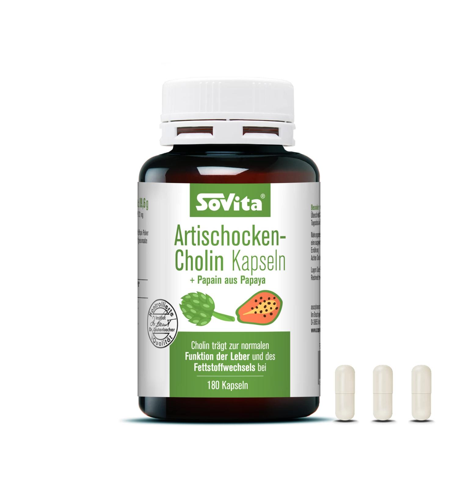 Sovita Artichoke Choline Capsules with Papain | 180 Dietary Supplement Capsules for Liver Health & Digestion - Buy Online on GoSupps.com