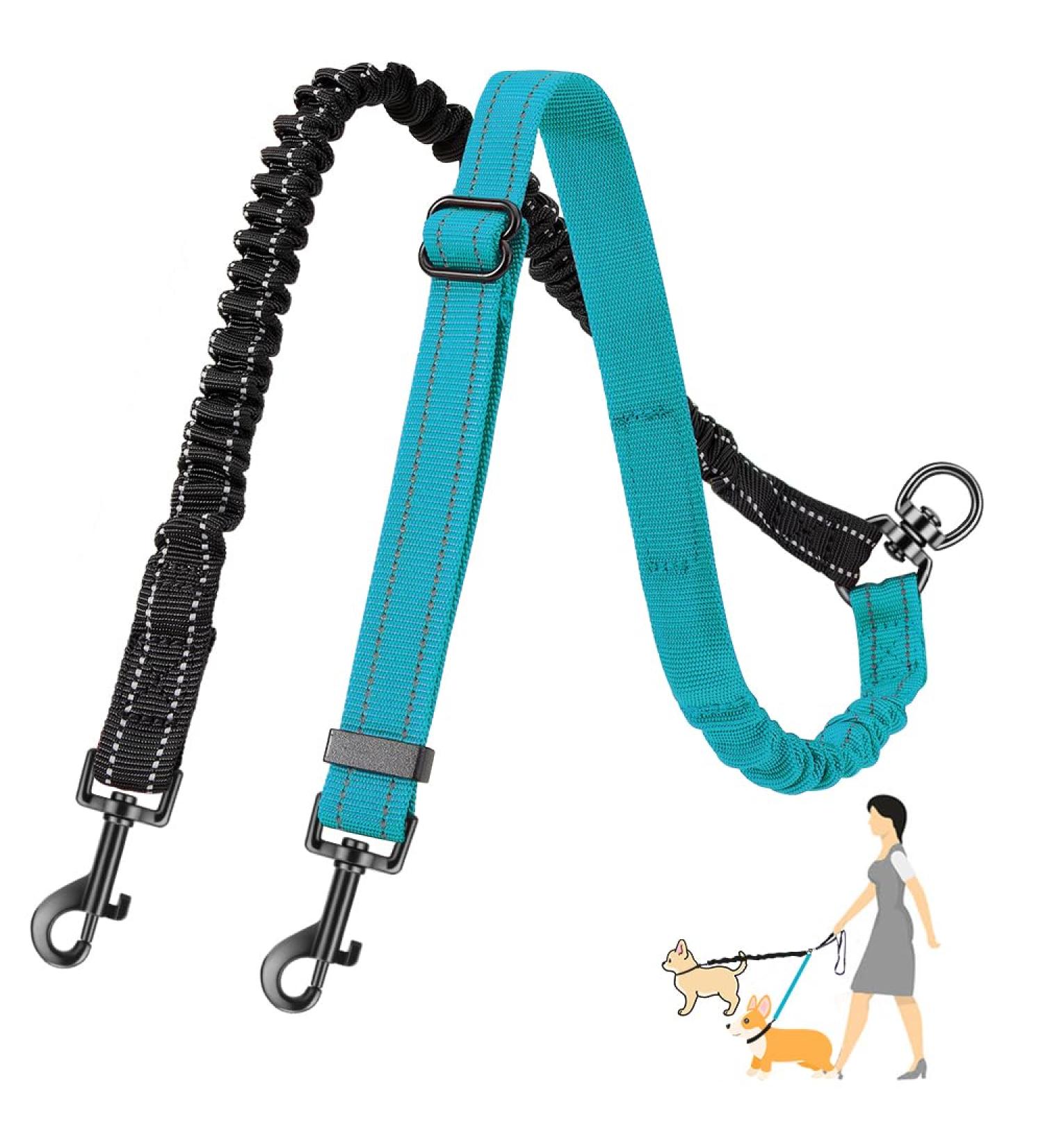 SlowTon Double Dog Leash Coupler No Tangle 360 Swivel Dual Leashes for Walking 2 Dogs Adjustable Length Reflective Splitter Leash for Training Small Dogs (Black&Teal) For Small Dogs C-black&teal - Buy Online on GoSupps.com