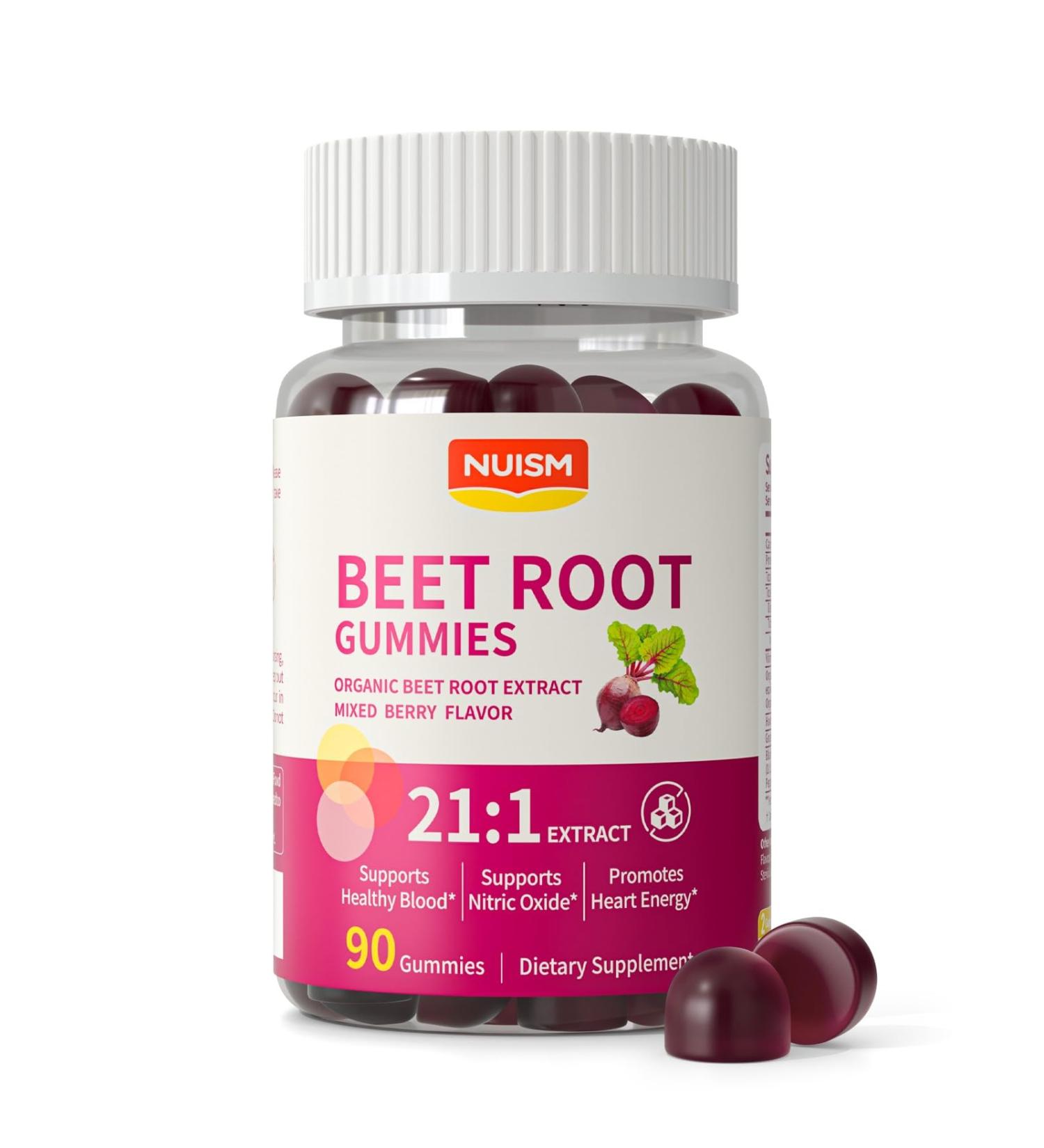 NUISM Organic Beet Root Gummies, Mixed Berry Flavor Supplements,Natural Extract, 21:1 Concentrate, Sugar Free Chews, Energy, Vitality & Performance Support, Beetroot Gummies - Buy Online on GoSupps.com