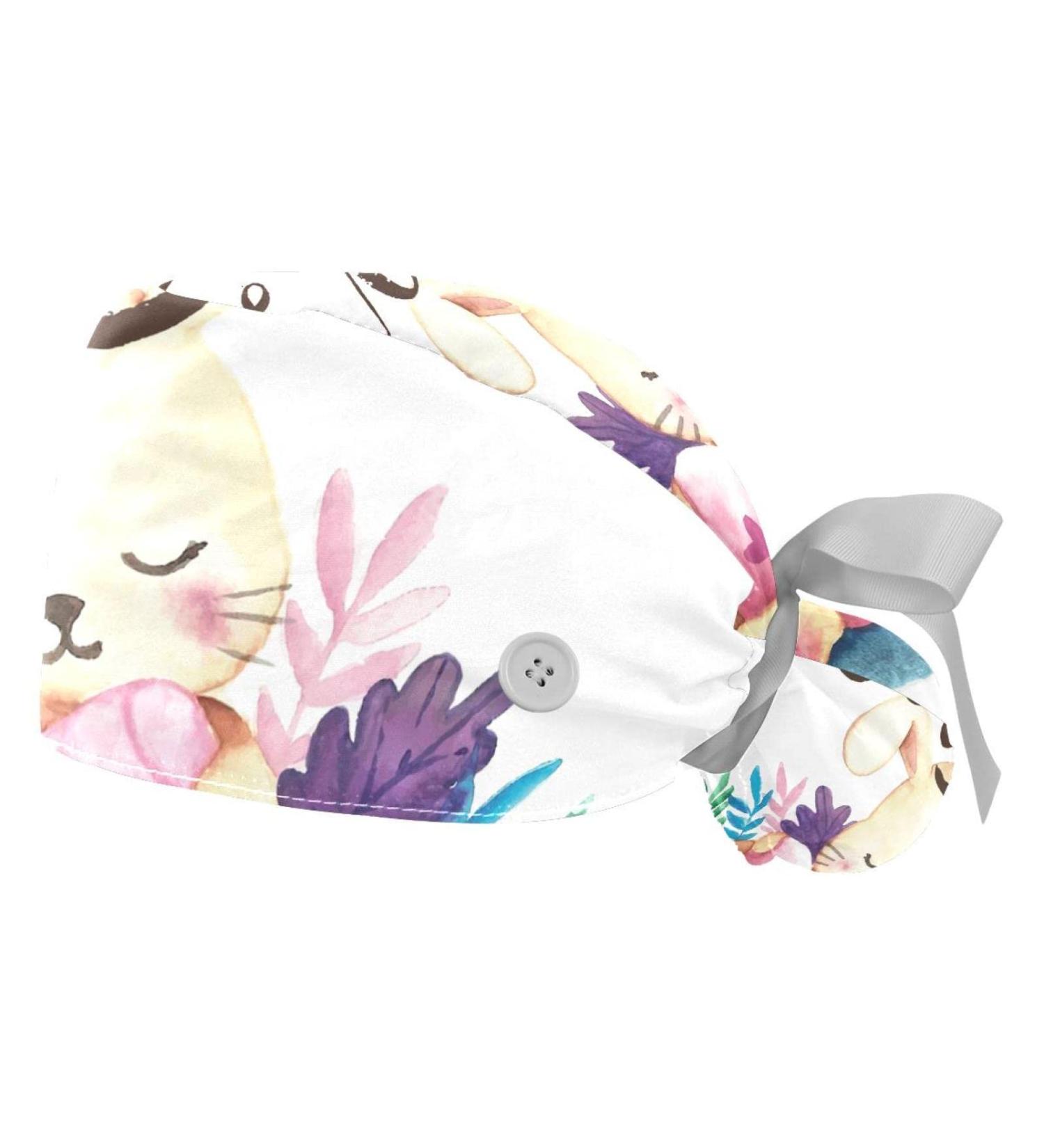 Happy Easter Bunny Scrub Surgical Caps Hats for Women - 2PCS Bouffant Working Hat with Ponytail Holder - Long Hair Covers - Pattern 01 - Buy Online on GoSupps.com
