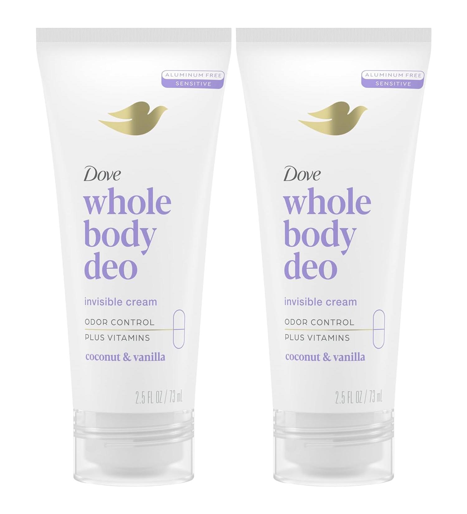 Dove Whole Body Deo Aluminum Free Invisible Cream Deodorant Coconut & Vanilla for 72h Odor Control 2.5 oz (Pack of 2) - Buy Online on GoSupps.com