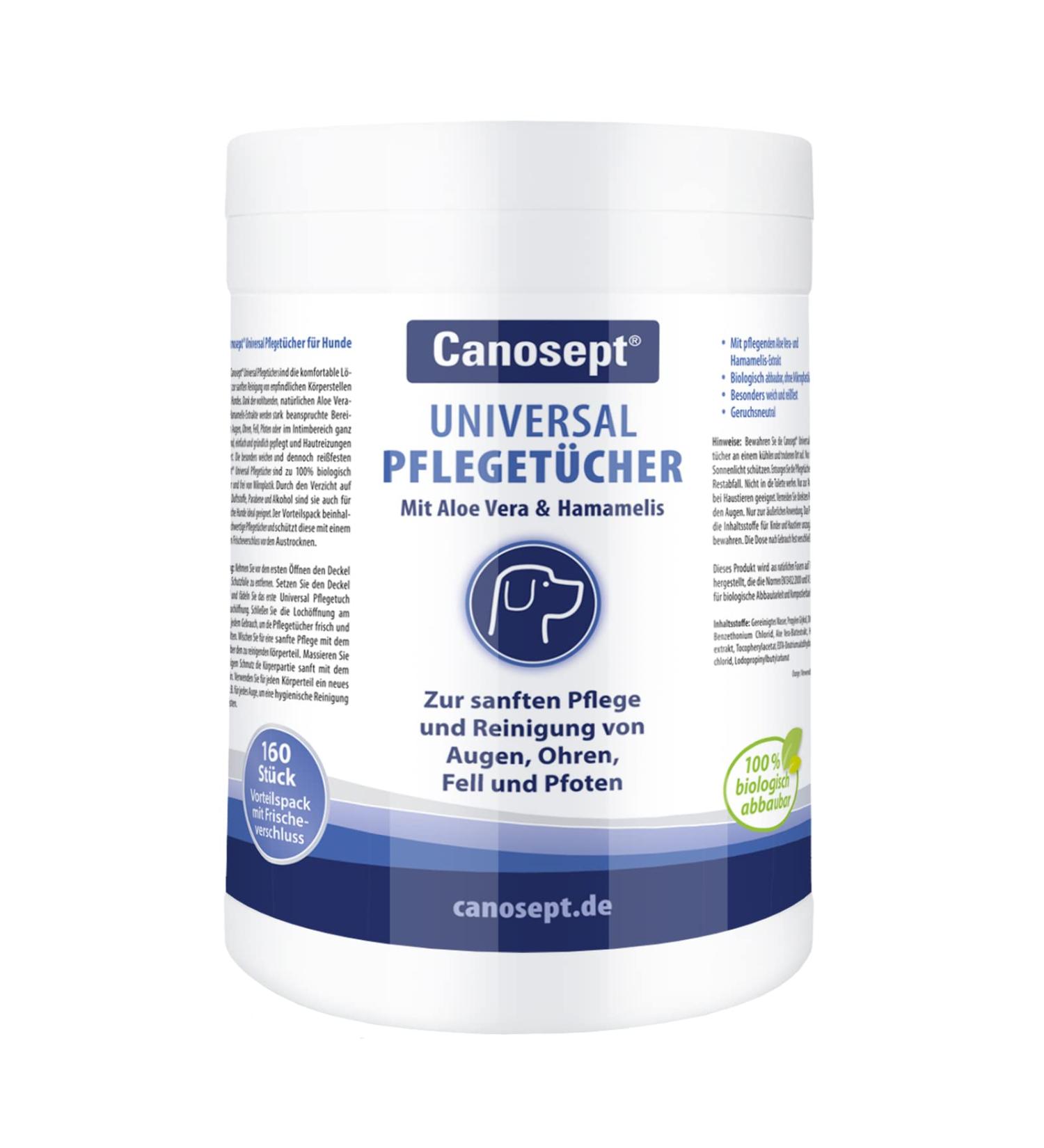 Canosept Universal Care Cloths for Dogs - 160 Wet Wipes for Ear Paw Eye & Fur Care with Aloe Vera & Hamamelis - Buy Online on GoSupps.com