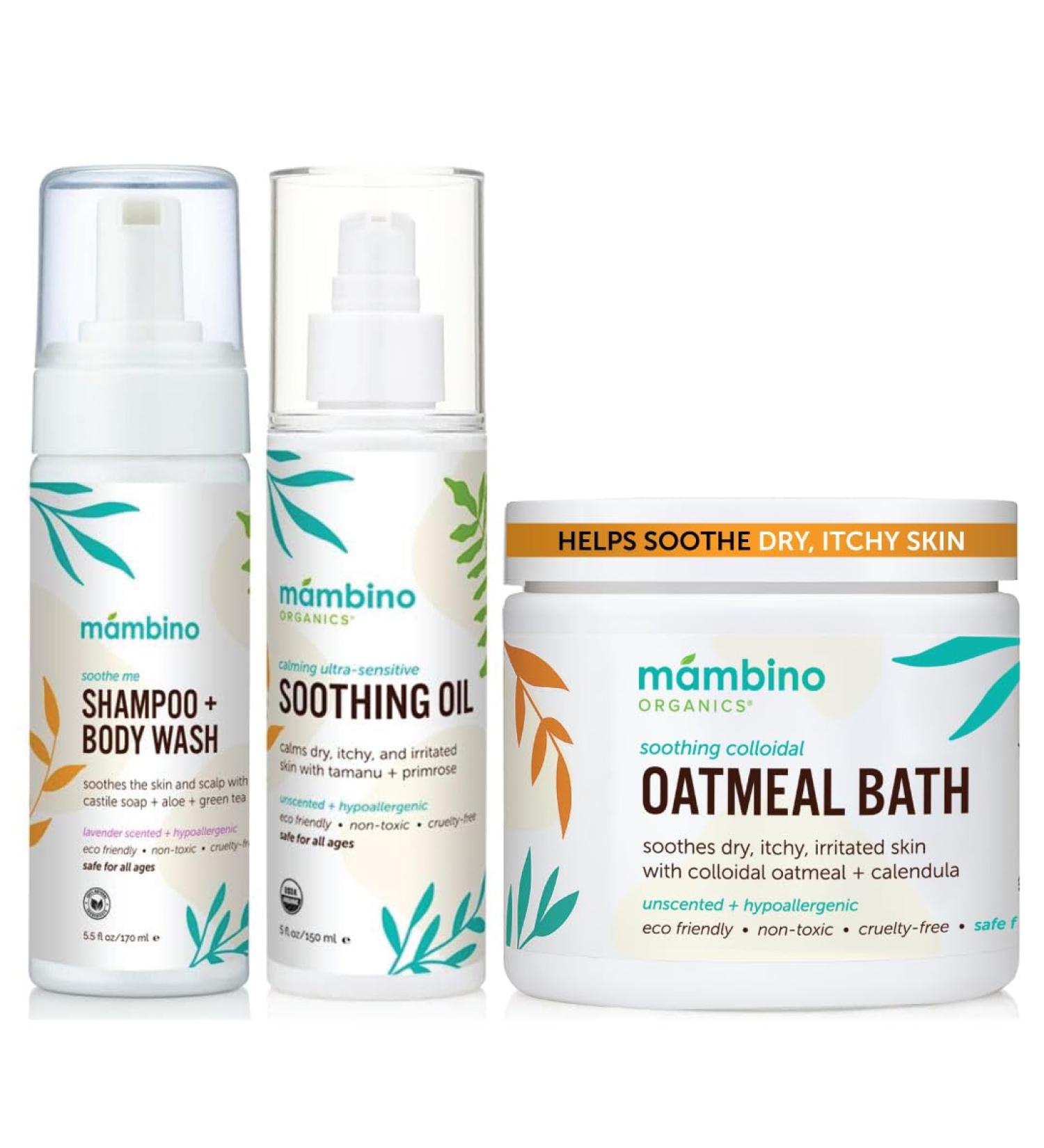 Mambino Organics Soothing Bath Set Organic Oatmeal Bath Soak Soothe Me Shampoo & Body Wash and Calming Oil Gentle for Sensitive Skin Vegan Baby Bath Essentials 3-Pack 5.5 oz Each - Buy Online on GoSupps.com