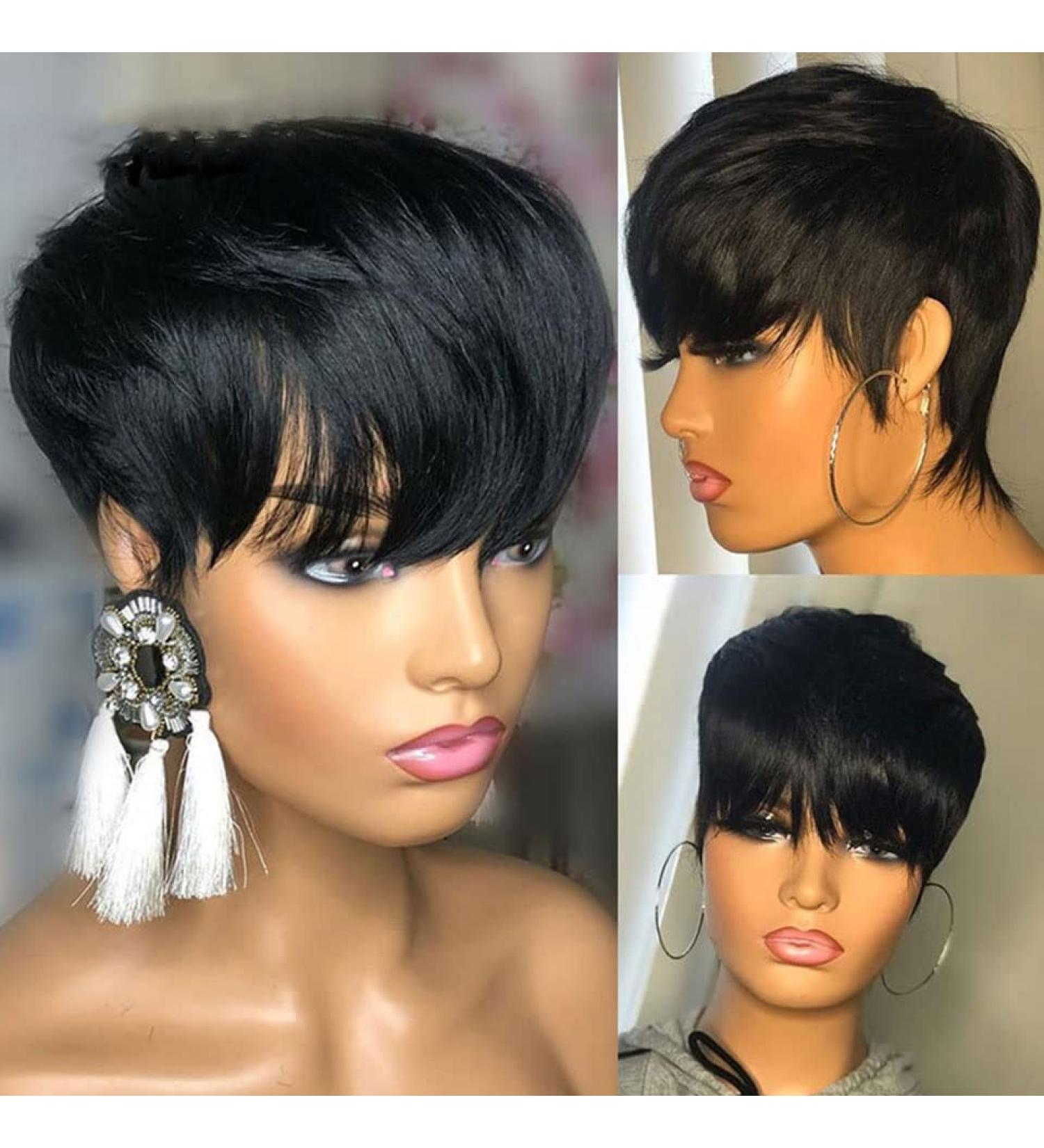 Iianaebeh Short Black Wavy Pixie Cut Human Hair Wig with Bangs for Women - 1B Color - Buy Online on GoSupps.com