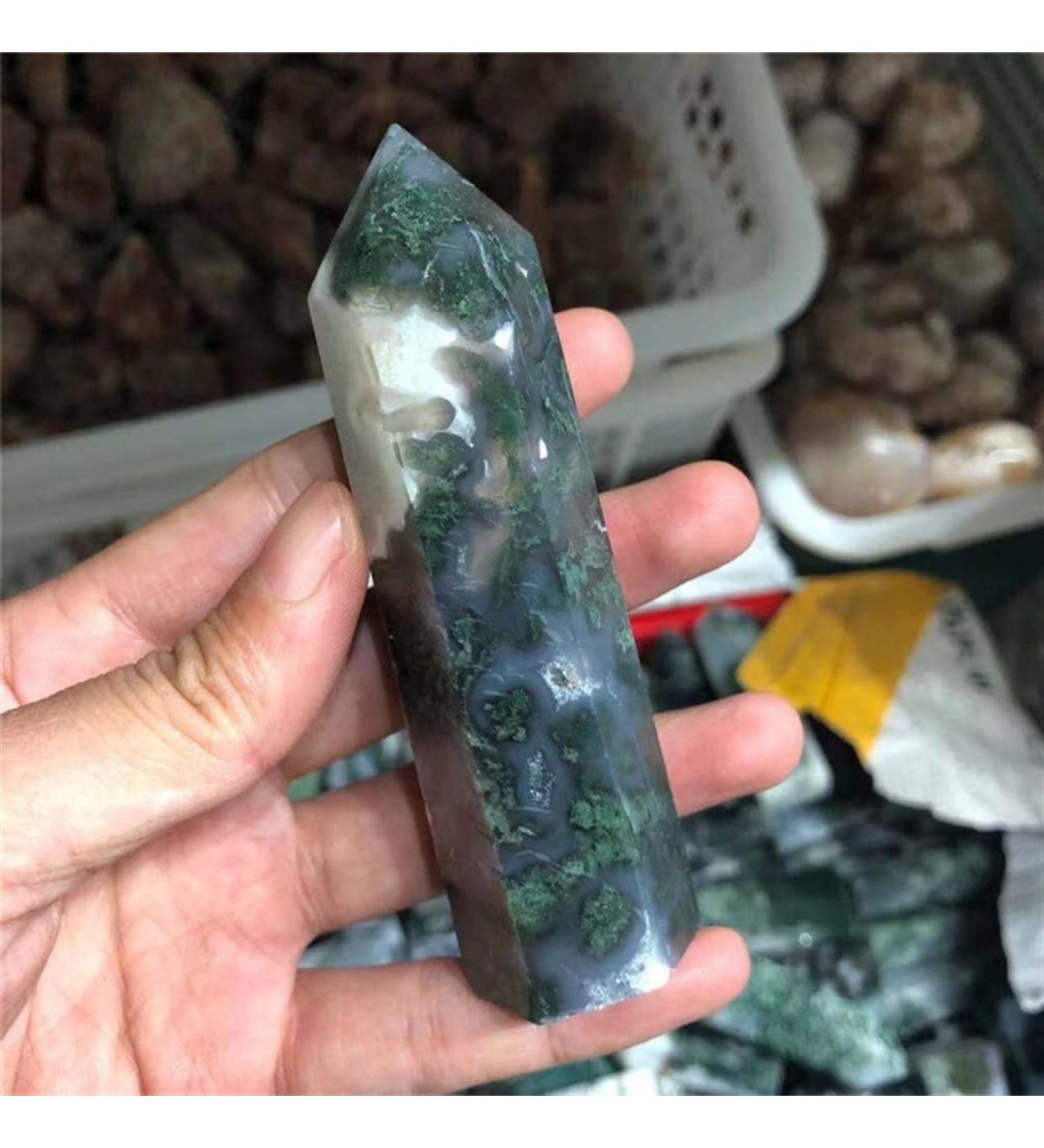 Double Happy Healing Crystal - Natural Green Moss Agate Quartz Point Tower (70-90mm) | Healing Crystals for Home Decoration & Unique Gifts - Buy Online on GoSupps.com