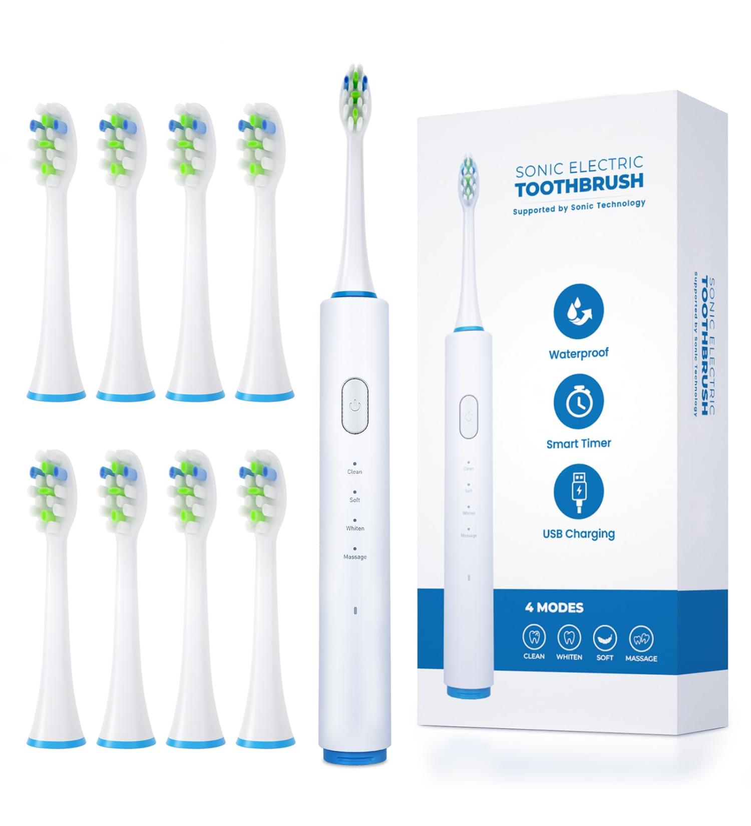 Electric Toothbrush for Adults Waterproof Rechargeable Travel Power Toothbrush with 8 Brush Heads 4 Cleaning Modes 2 Minute Built in Smart Timer White