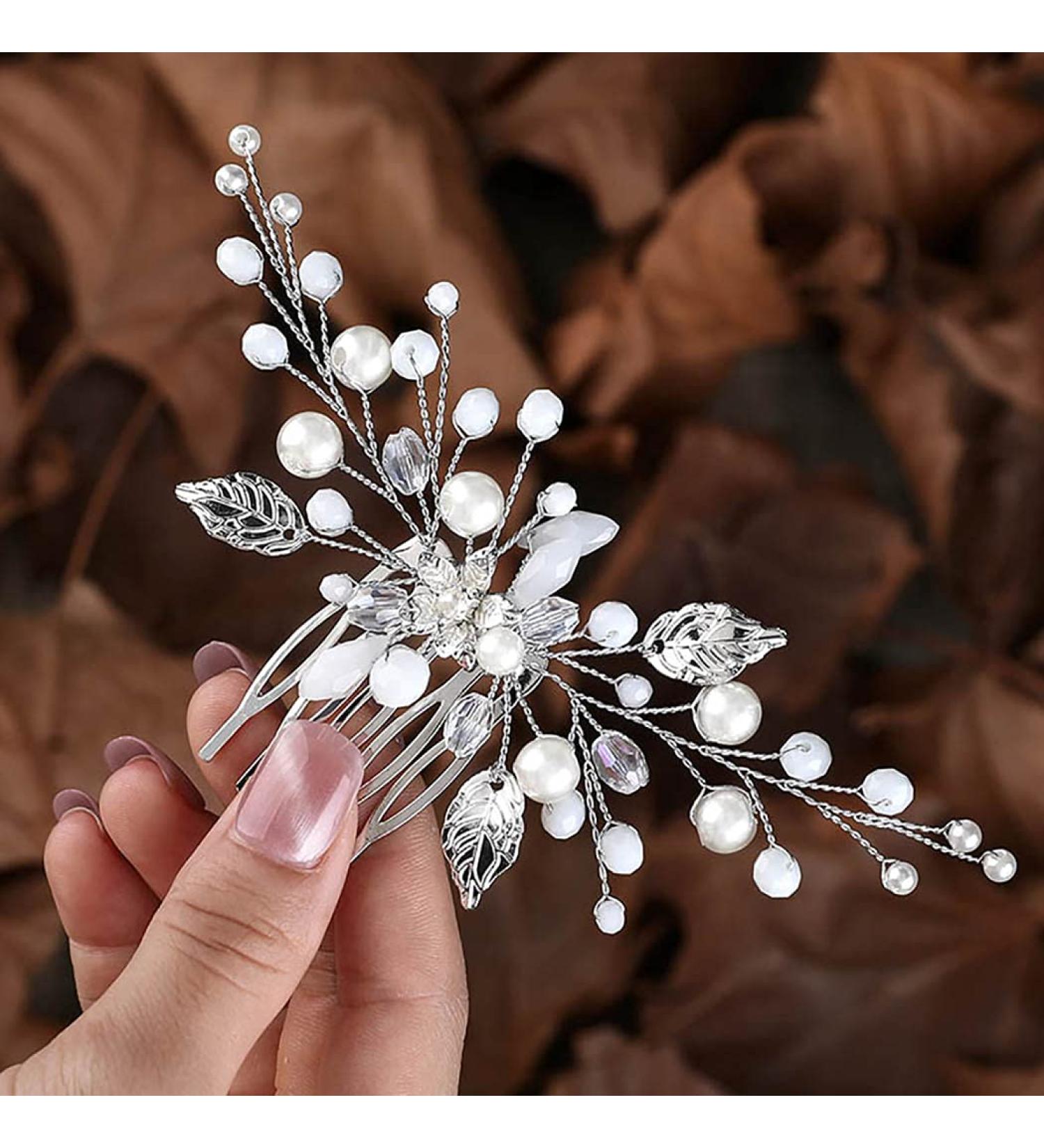 Zoestar Flower Wedding Hair Combs - Silver Pearl Bridal Headpiece & Leaf Hair Accessories for Women & Girls - International Shipping Available - Buy Online on GoSupps.com