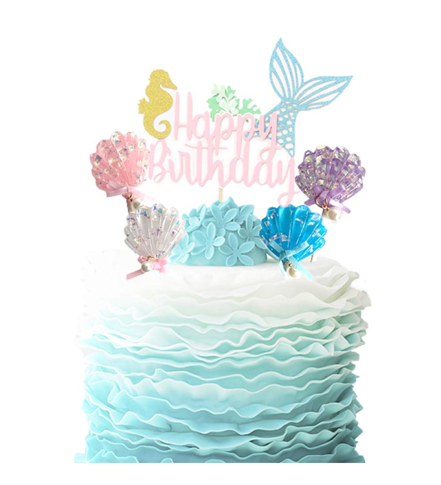 Mermaid Cake Topper Happy Birthday Cake Picks Glitter Shell Cupcake Topper Mermaid Cake Decoration for Mermaid Baby Shower Birthday Party Supplies - Buy Online on GoSupps.com