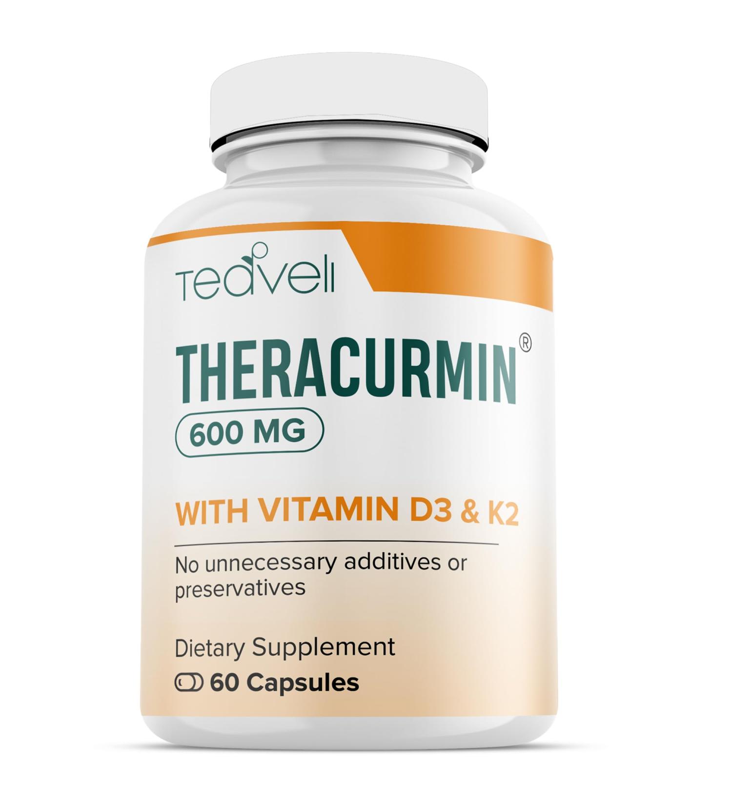 Theracurmin Turmeric Curcumin Supplement- Advanced Joint Bones and Muscle Support with Vitamin D3 and K2 (MK-7) 600mg Theracurmin- No Stearates Clean Label- 60 Capsules - Buy Online on GoSupps.com