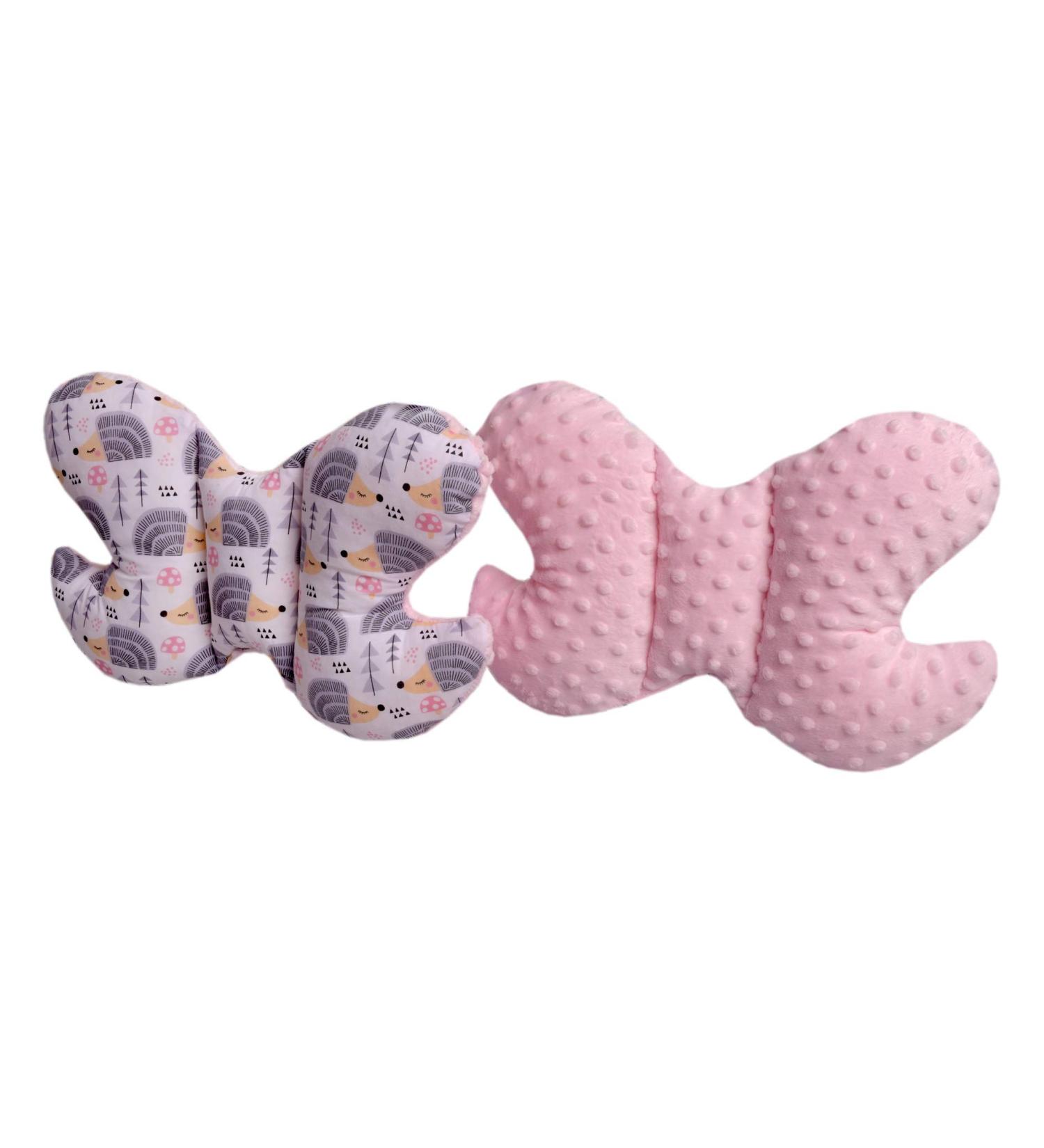 Medi partners pillow children neck 100% cotton/minky baby neck horns for car stroller car ride travel sleep neck pillow slumber roll (gray hedgehog with light pink minky)