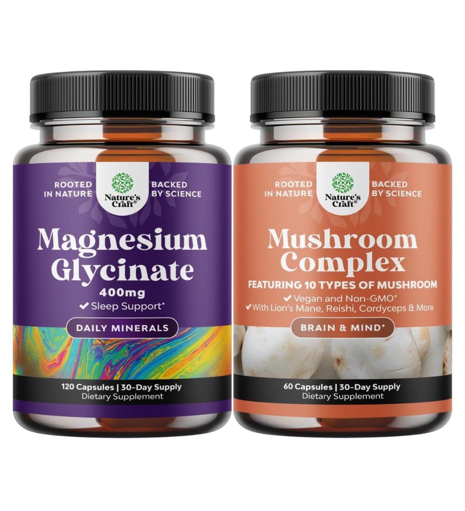 Bundle of Magnesium Glycinate Capsules Mineral and Nootropic Brain Focus Mushroom - Immune Support Bone Health Mood Support - 10X Mushroom Blend for Sugar Balance and Mental Focus - Buy Online on GoSupps.com