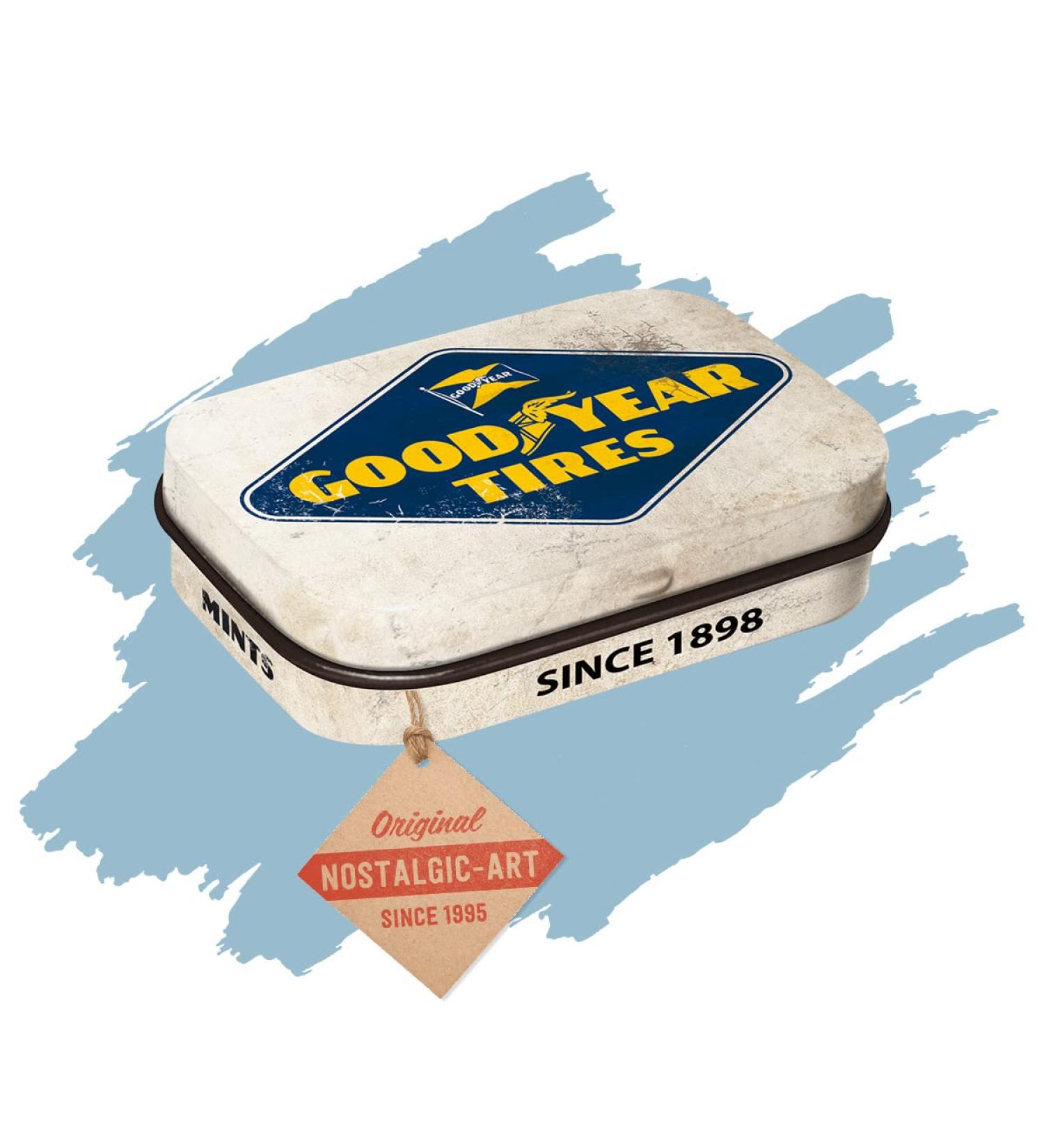 Nostalgic-Art Retro Pillendose 4 x 6 x 1.6 cm Goodyear-Logo White-Gift idea for motor fans with peppermint drages vintage design