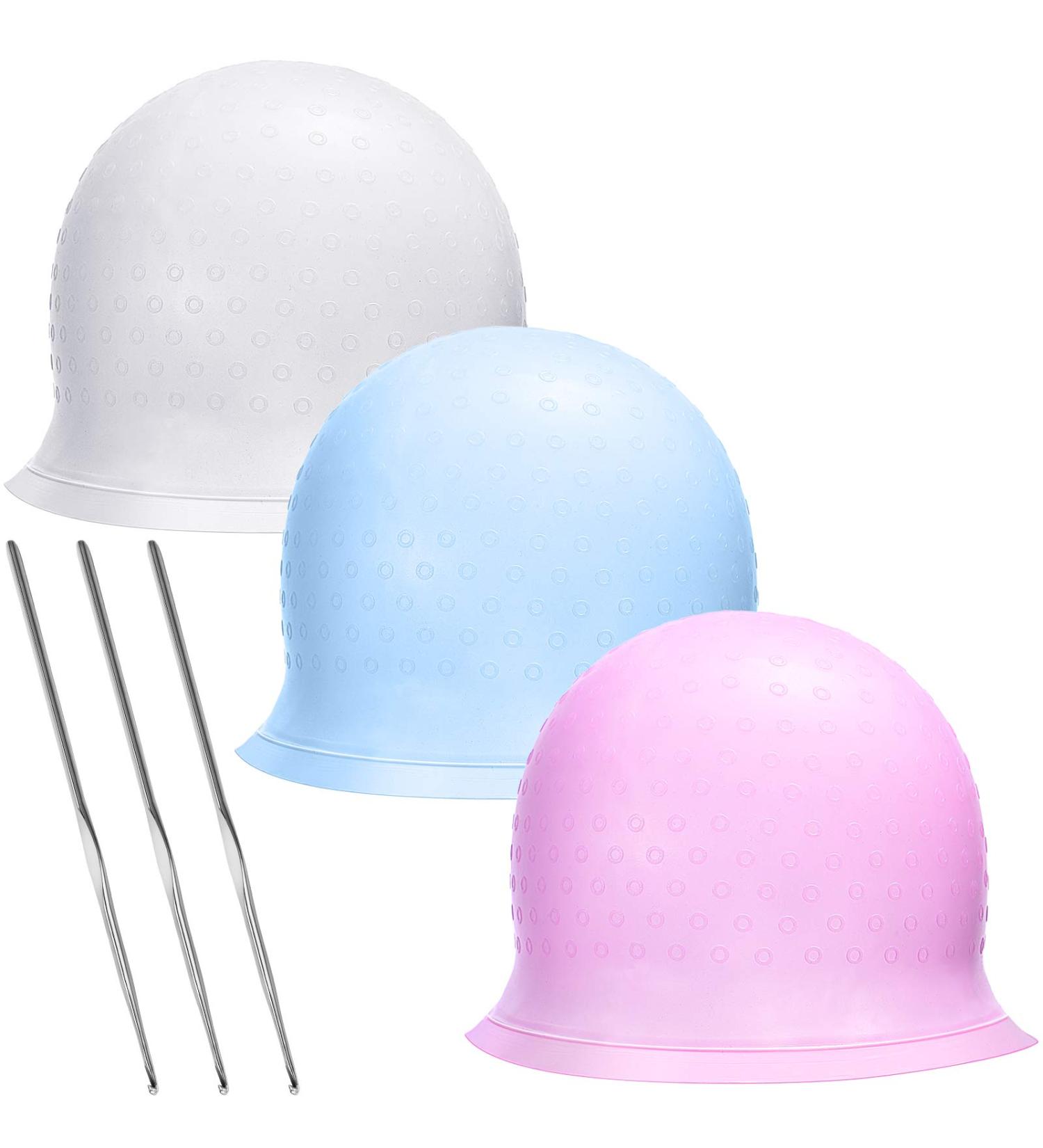 3 Pieces Reusable Silicone Hair Staining Cap for Hair Coloring - Multicolor Dye Cap with Metal Hook - Salon Quality Hairdressing Tools (Blue/White/Purple) - Buy Online on GoSupps.com