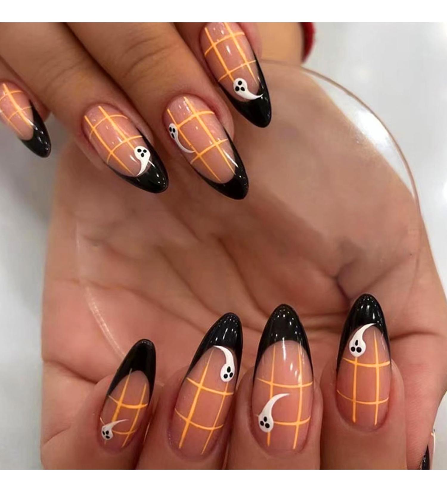 24Pcs Halloween False Nails - Cute Ghost Designs, Medium Almond French, Black Border, Press On Acrylic Nails for Women and Girls - Yellow Plaid Nail Art Accessories - Buy Online on GoSupps.com