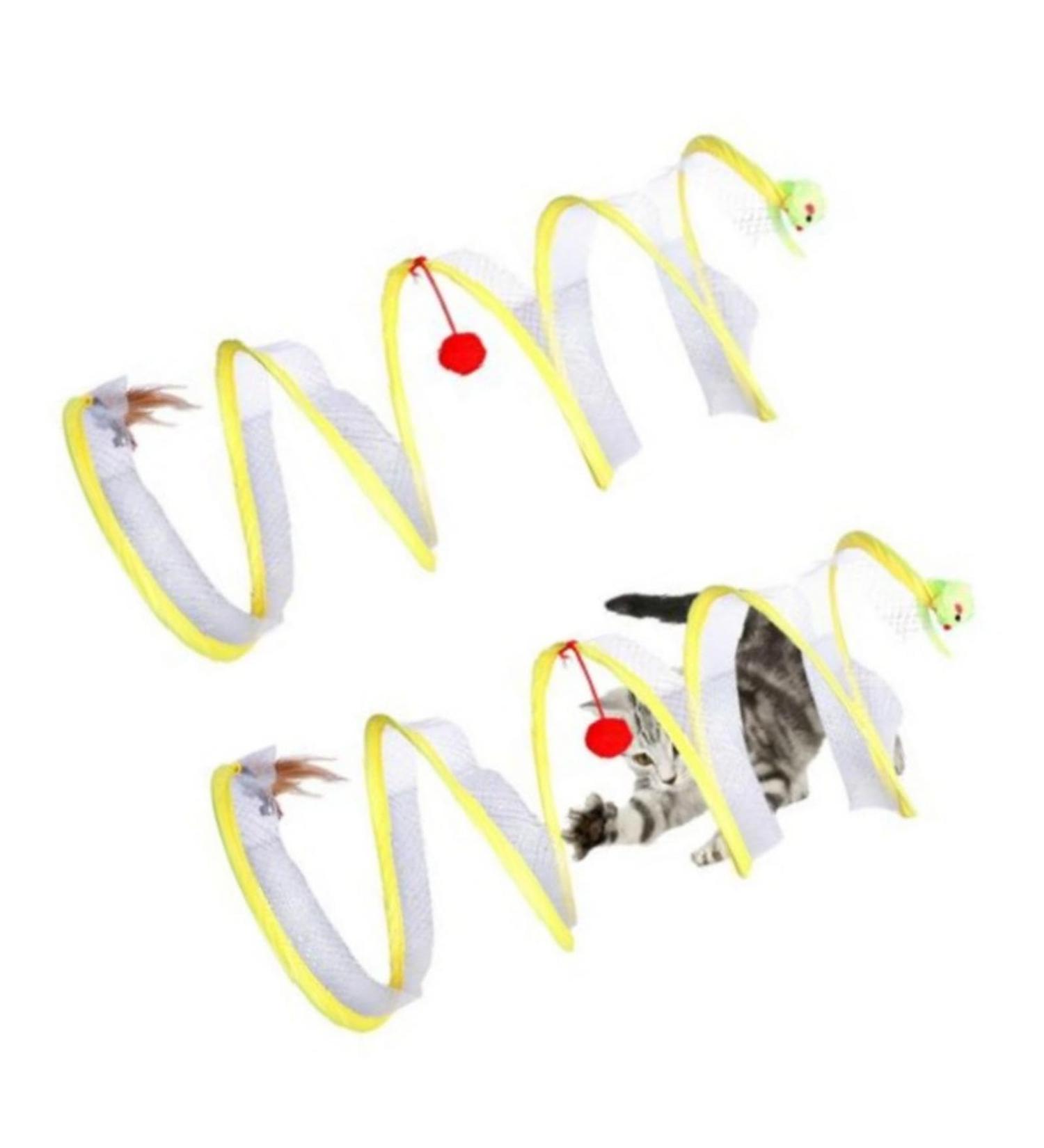 2pcs Cat Coil Toy Set - Foldable 65cm Kitten Play Tunnel with Plush Ball & Feather Stick - Multicolor Spiral Cat Toy Tunnel - Buy Online on GoSupps.com