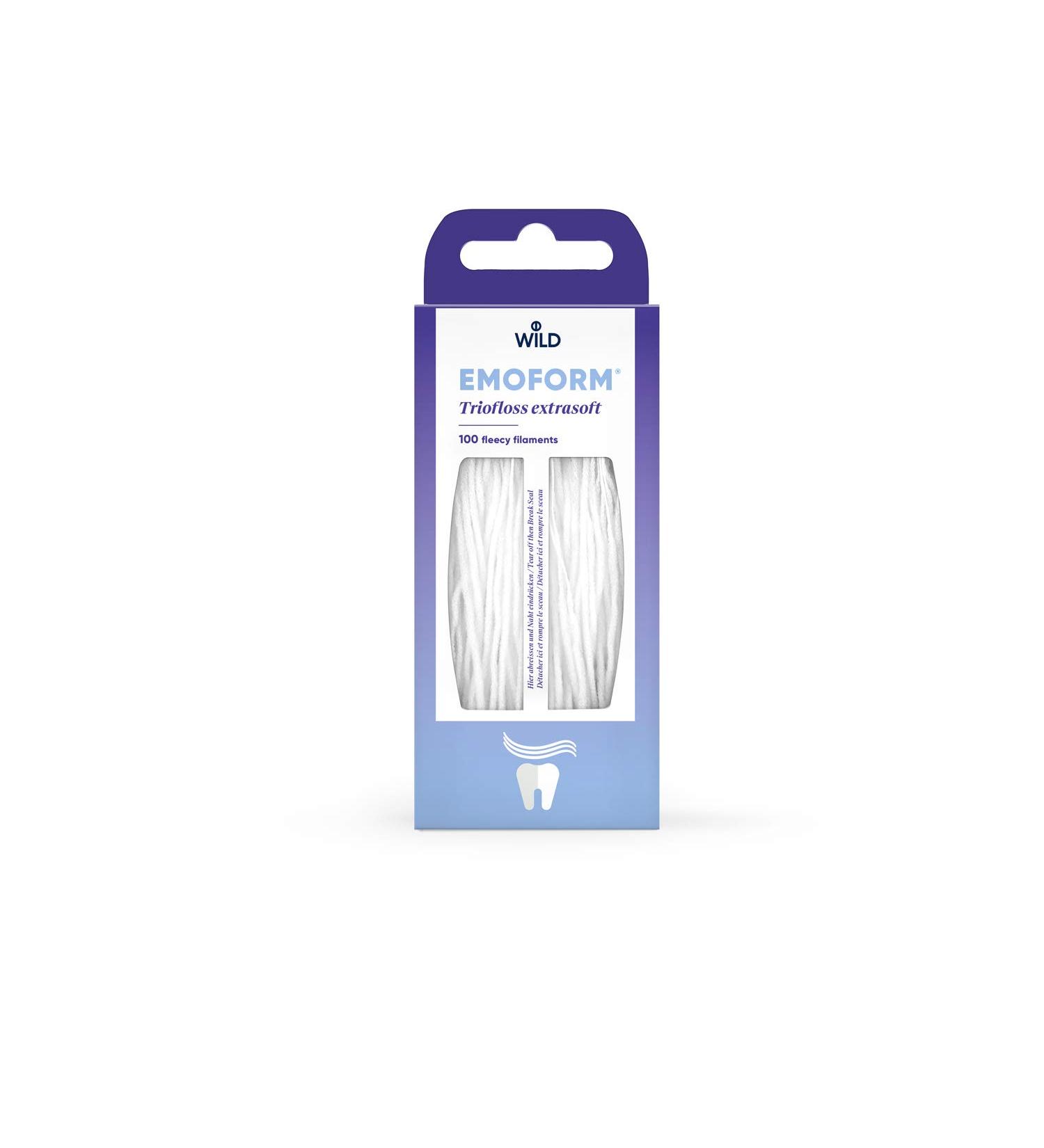 Emoform Triofloss extra soft carded nylon threads for cleaning between teeth under bridges and braces.