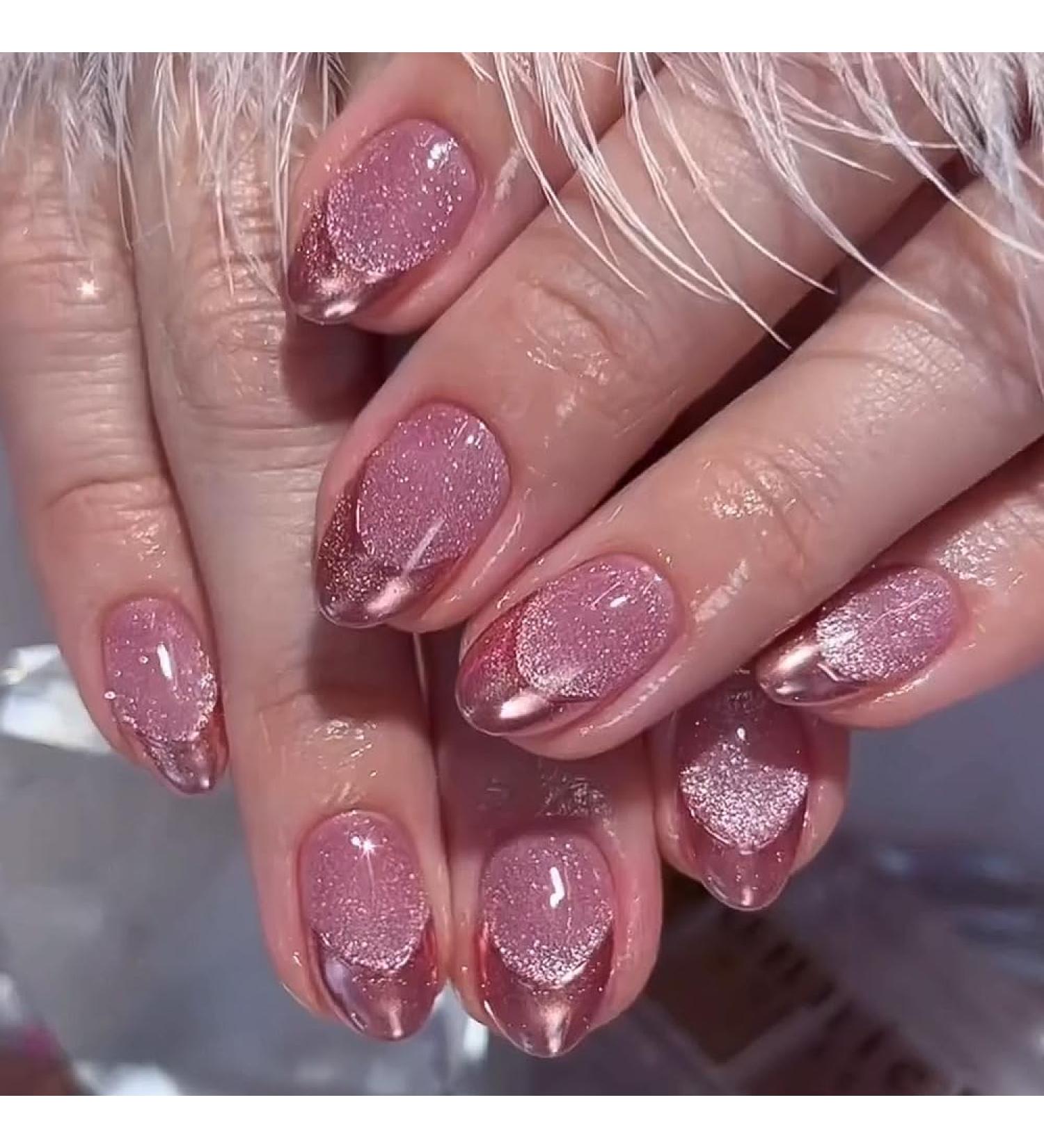 French Tip Press on Nails - Short Round Press On Nails with Nail Tips Pink Purple Crystal Cat Eye Design press on nails Acrylic False Nails Cute Artificial Nails - Buy Online on GoSupps.com