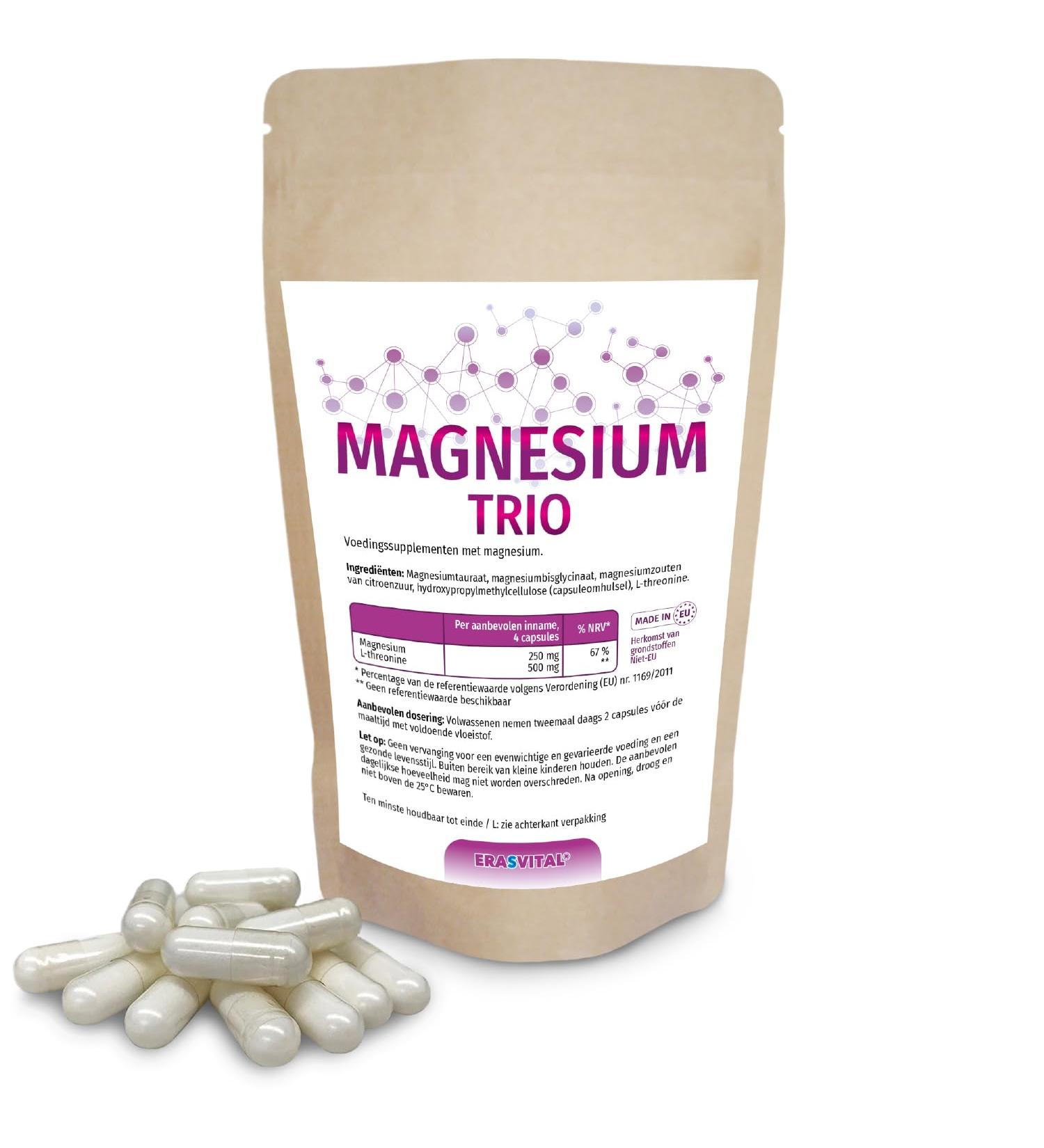 ERASVITAL Magnesium Trio 720 capsules 5month supply with magnesium taurate magnesium bisglycinate magnesium citrate and Lthreonine ideal for a target group interested in mental health - Buy Online on GoSupps.com
