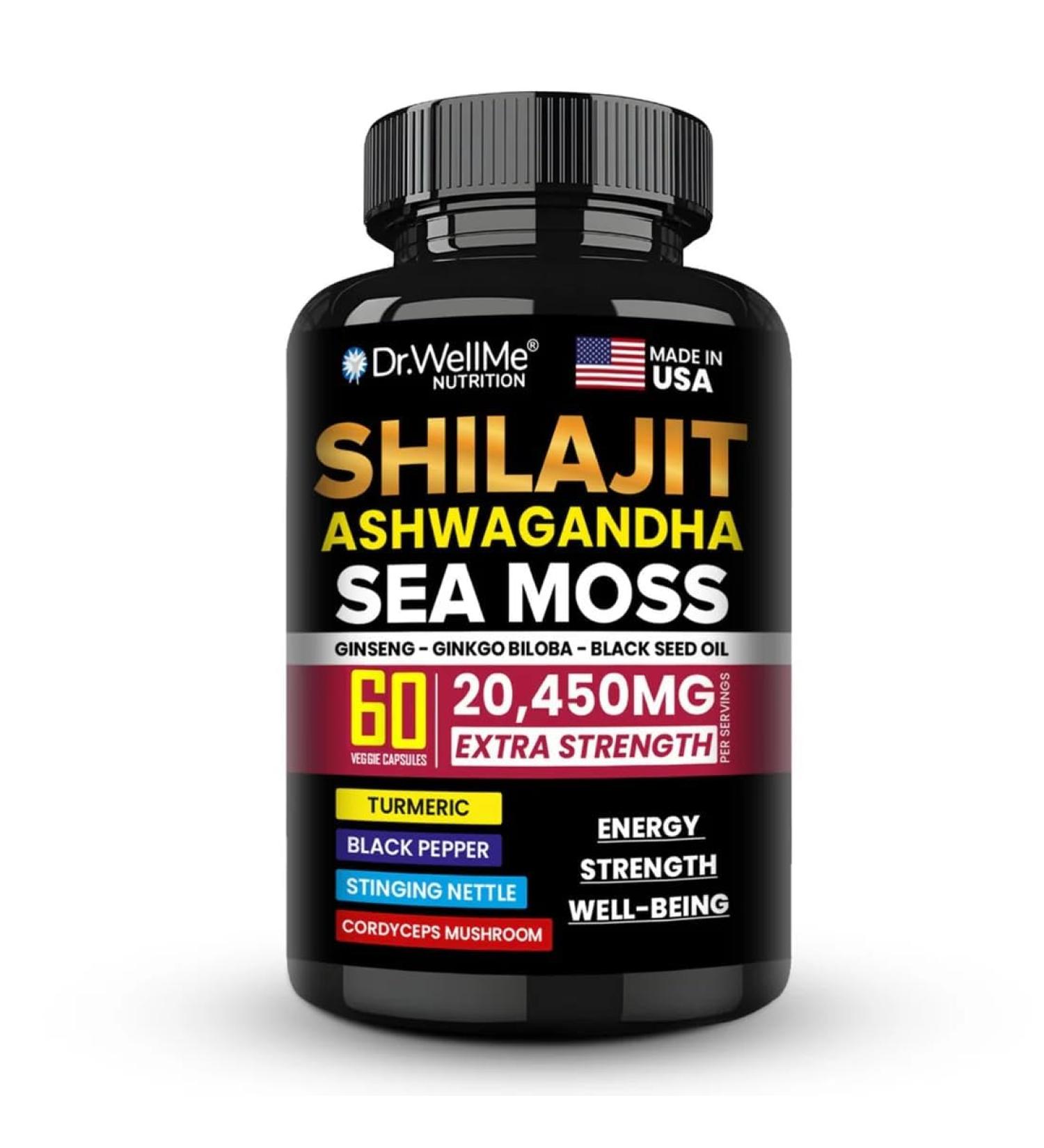 Dr.WellMe Shilajit Ashwagandha Sea Moss with Ginseng Ginkgo Biloba & Black Seed Oil - 60 Veggie Capsules Extra Strength 20 450mg - Anti-Aging Stamina Skin Radiance & Performance - Made in USA - Buy Online on GoSupps.com