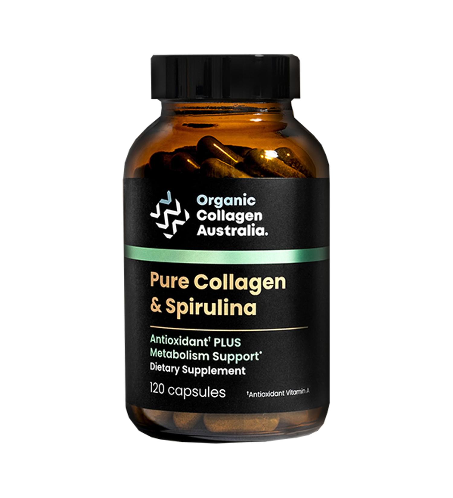 Organic Collagen Australia Pure Collagen & Spirulina Capsules Antioxidant-Rich Supplement for Skin Elasticity Joint Health Metabolism Support & Energy (120 Capsules) - Buy Online on GoSupps.com