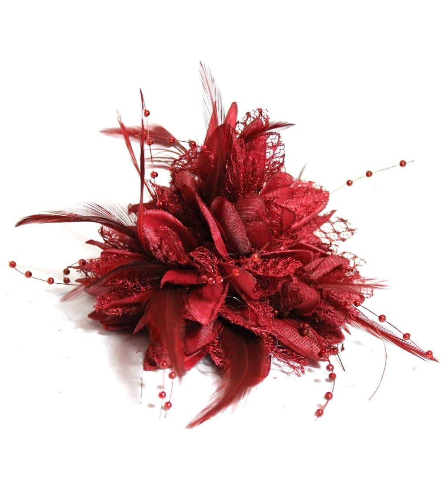 Burgundy Flower Feather Bead Corsage Hair Clip Fascinator - Hairband and Pin - Buy Online on GoSupps.com