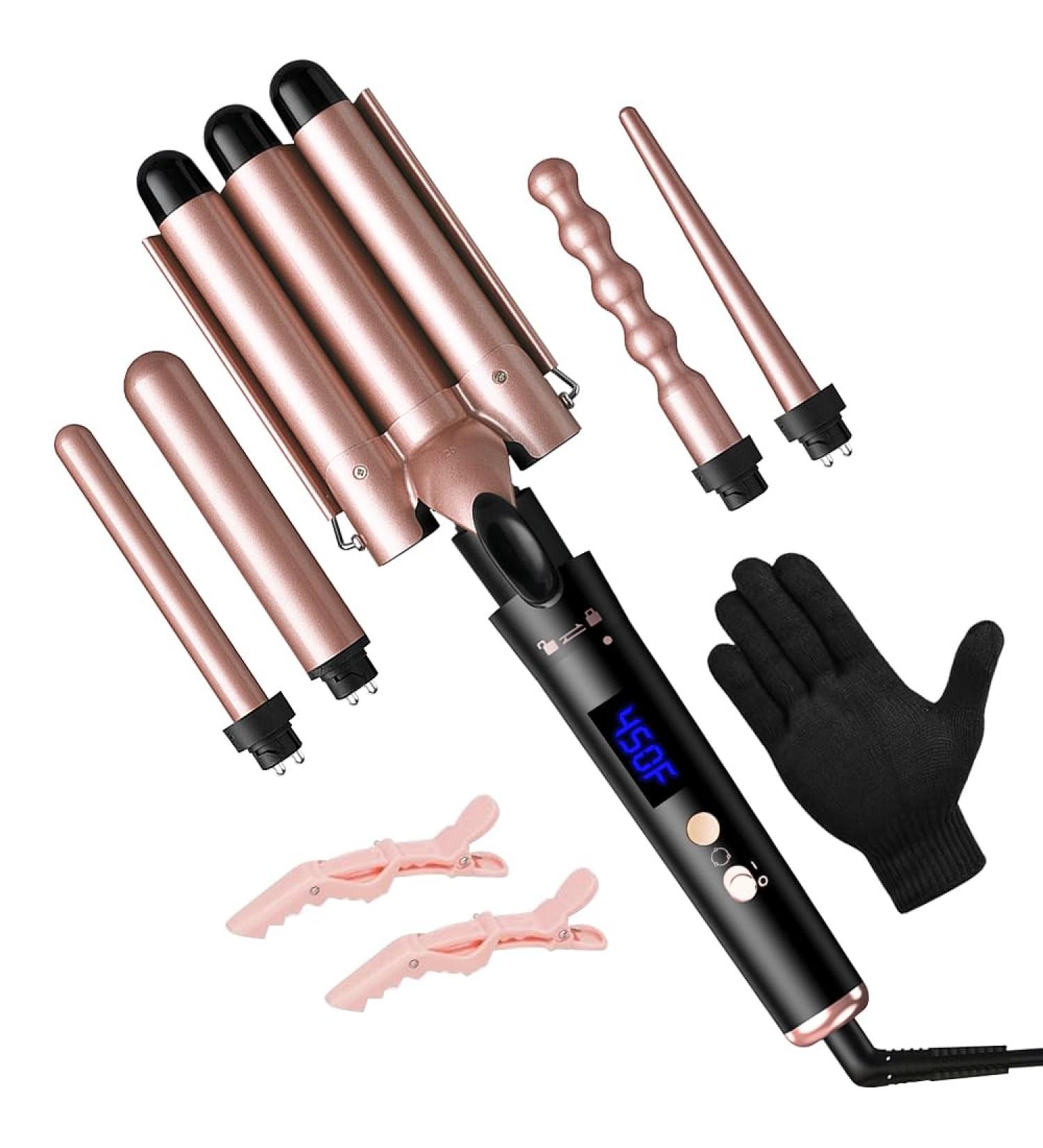 Buy 5 in 1 Curling Iron - Interchangeable Ceramic Wands Fast Heating Ideal for All Hair Types Includes Heat Protective Glove & Clips - International Shipping Available - Buy Online on GoSupps.com