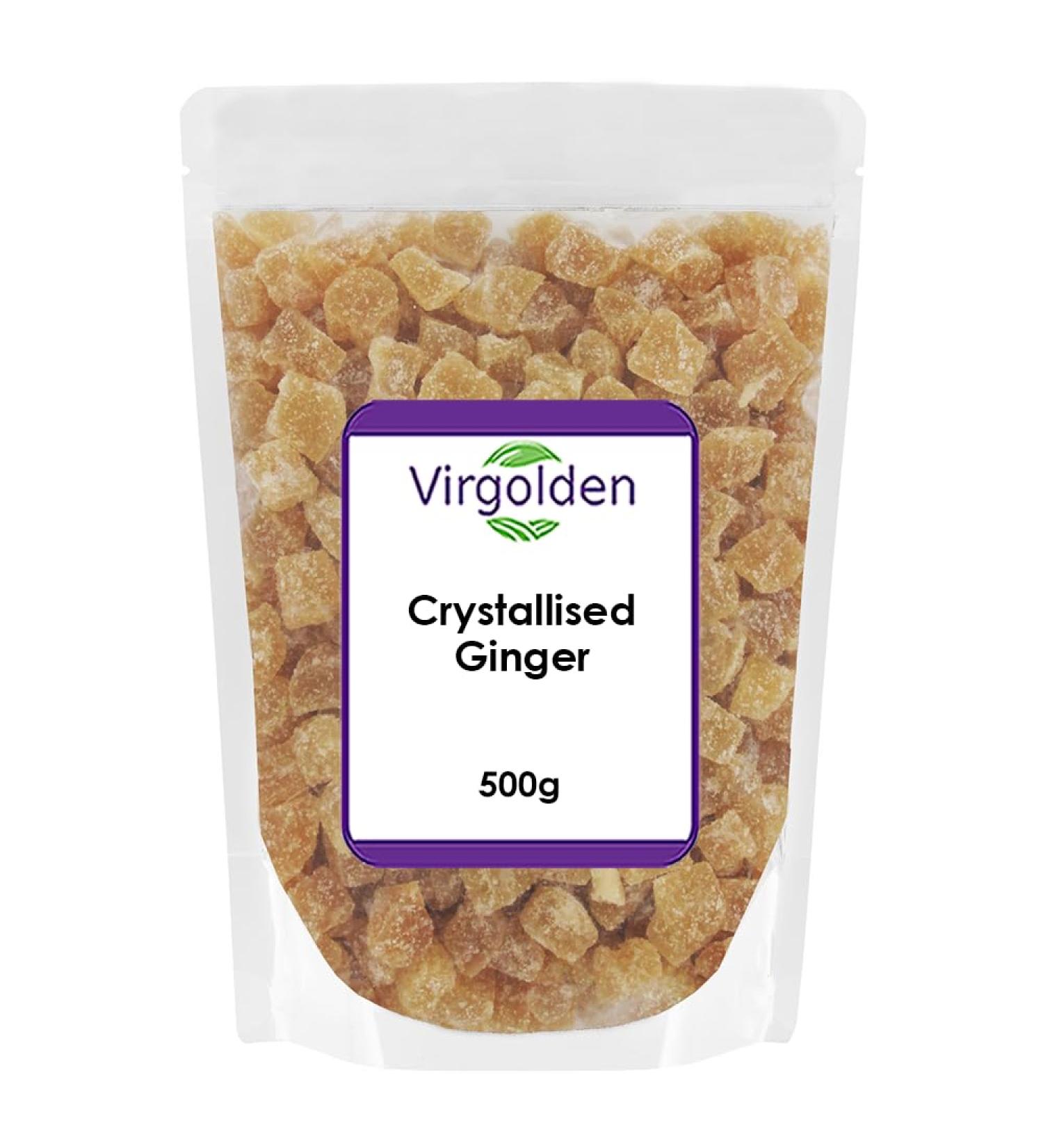 Virgolden Crystallised Ginger 500g - Super Healthy Snack | Chopped Dried Candied Ginger | Natural Energy & Fiber Boost - Buy Online on GoSupps.com