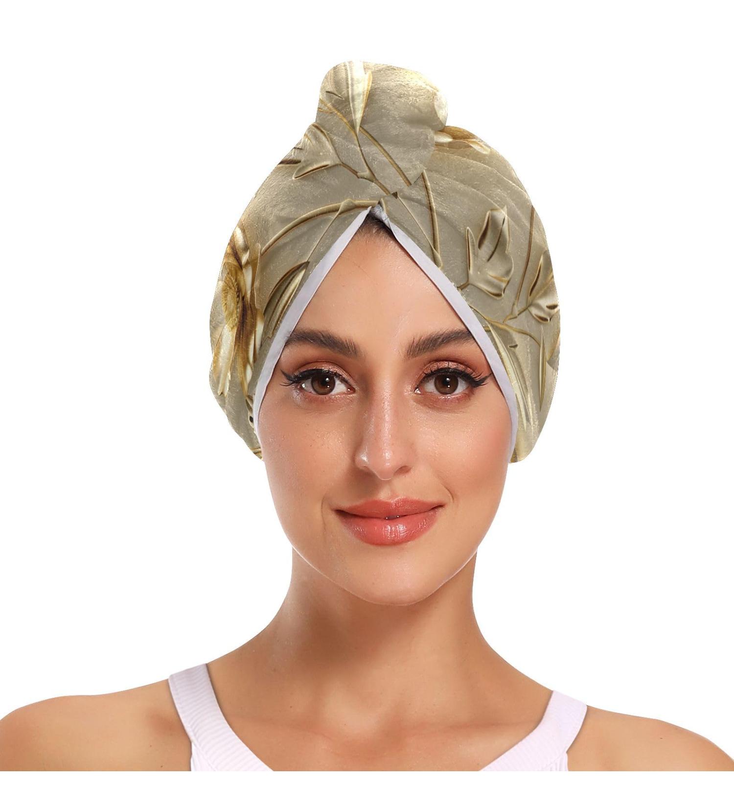 Luxury Gold Flower Hair Towel Set - 2 Pack Super Absorbent Quick Dry Turbans for Women & Girls - Buy Online on GoSupps.com