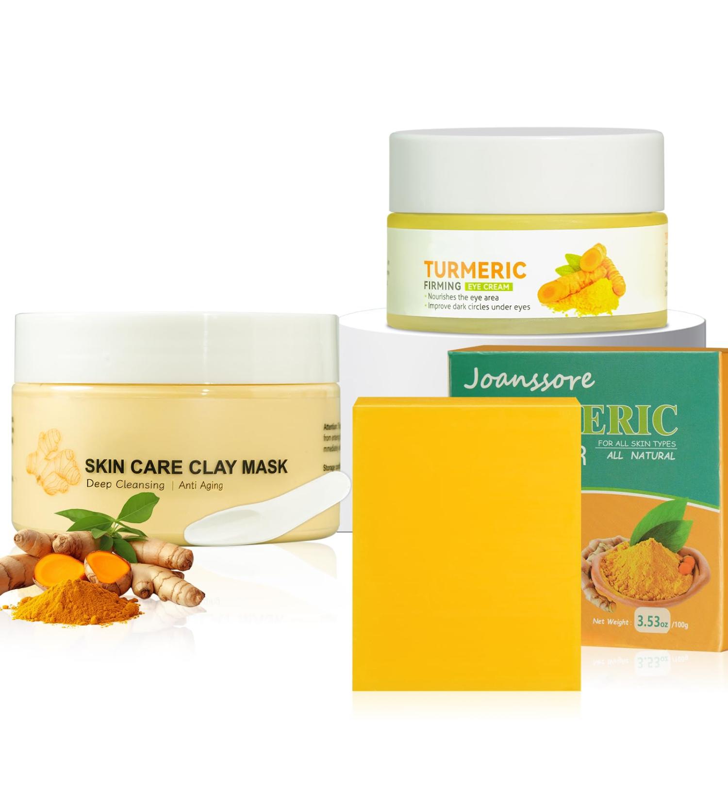 Turmeric Soap Bar & Clay Mask Set - Natural Acne Treatment Deep Cleansing Facial Care | Control Oil & Smooth Skin - Buy Online on GoSupps.com