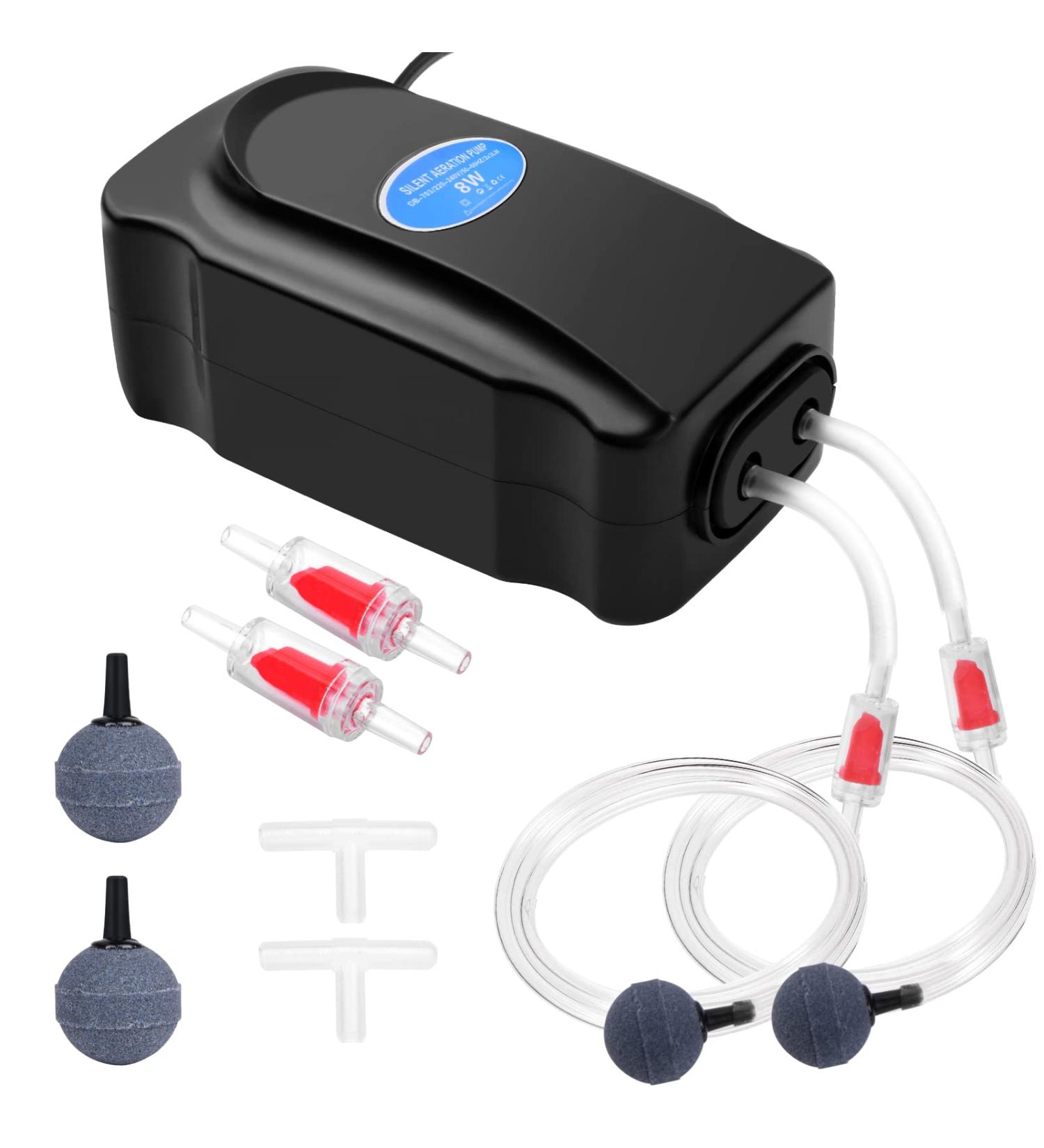 Flintronic Aquarium Air Pump - Quiet Oxygen Pump Kit for 5-300L Fish Tanks | Includes Silicone Hose Air Stone & T-Plug - #1 Mini Aqua Rental Pump 8W Double Hole Black - Buy Online on GoSupps.com