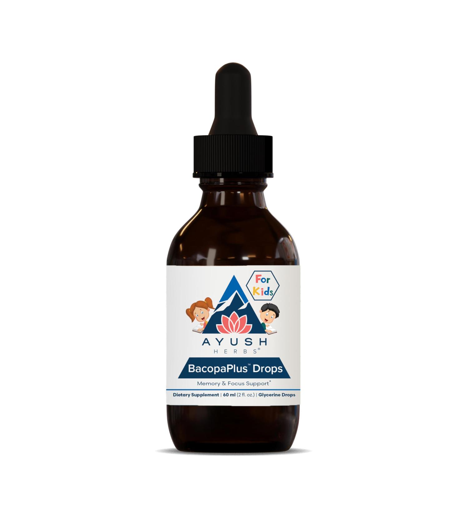 Ayush Herbs BacopaPlus Drops for Kids - Kids Focus and Attention Supplement with Bacopa Ashwagandha Ginkgo Support for Brain & Memory Organic Ingredients - 2 Fl Oz (80 Servings) - Buy Online on GoSupps.com