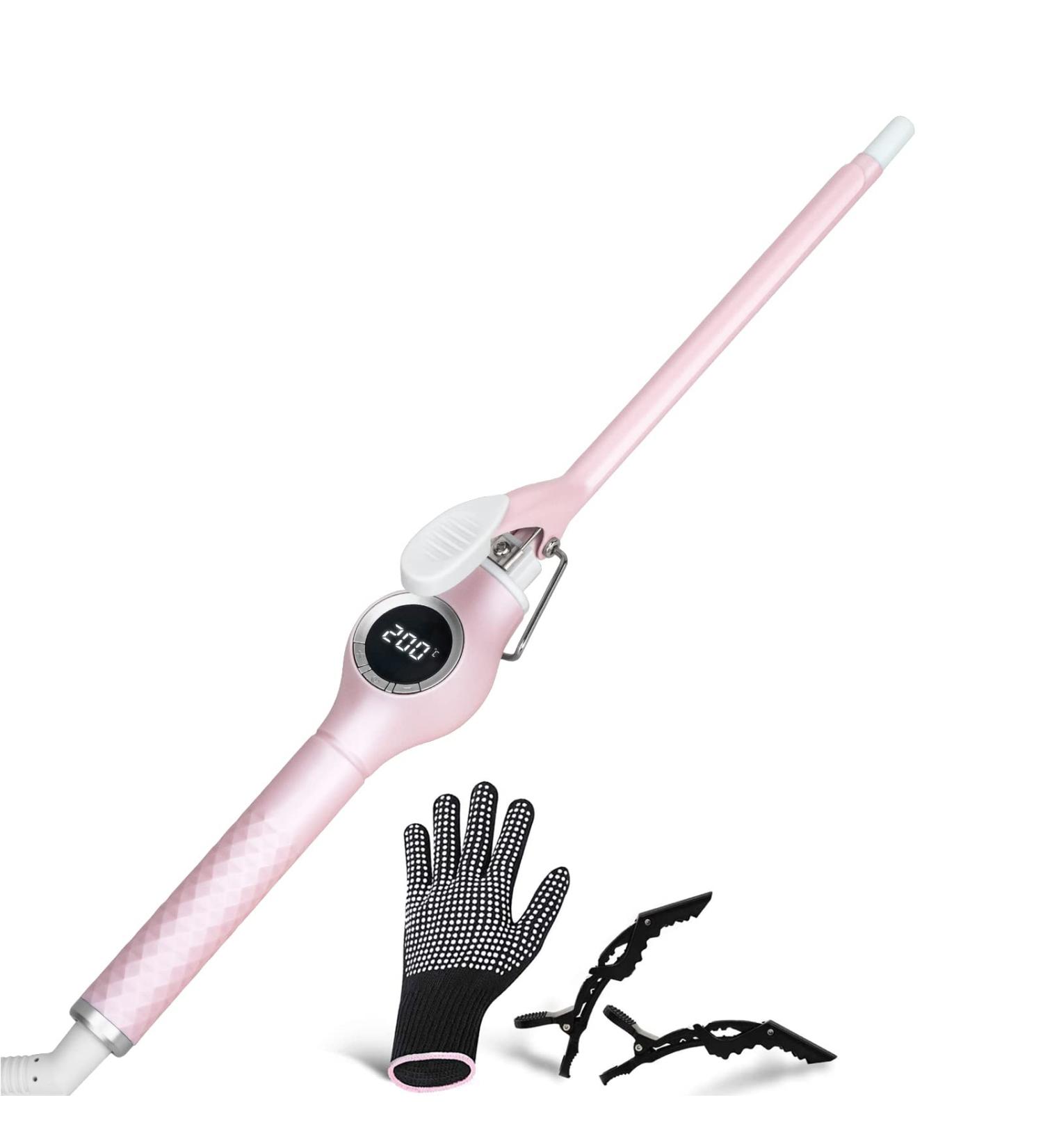 9mm Mini Curling Iron - Professional LCD Display 140-200 Adjustable Temperature Fast Heating Ceramic Rod Includes Heat-Resistant Glove & Hair Clips - Pink - Buy Online on GoSupps.com