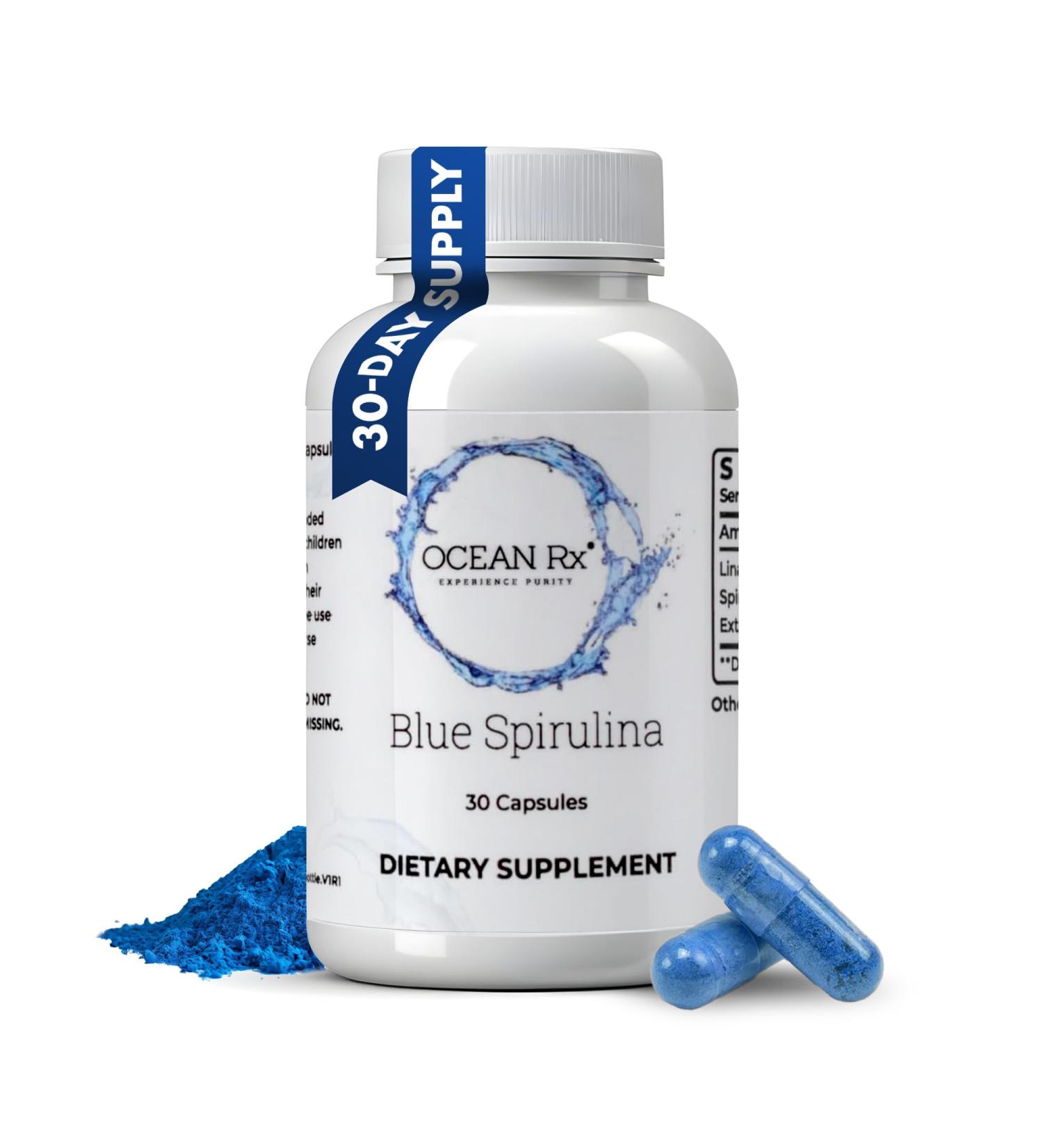 Ocean Rx Organic Pure Blue Spirulina Capsules | Natural Superfood | Prebiotic Phycocyanin Supplement | Healty Skin, Oral Health, & Wound Recovery | 30 Serving Bottle - Buy Online on GoSupps.com