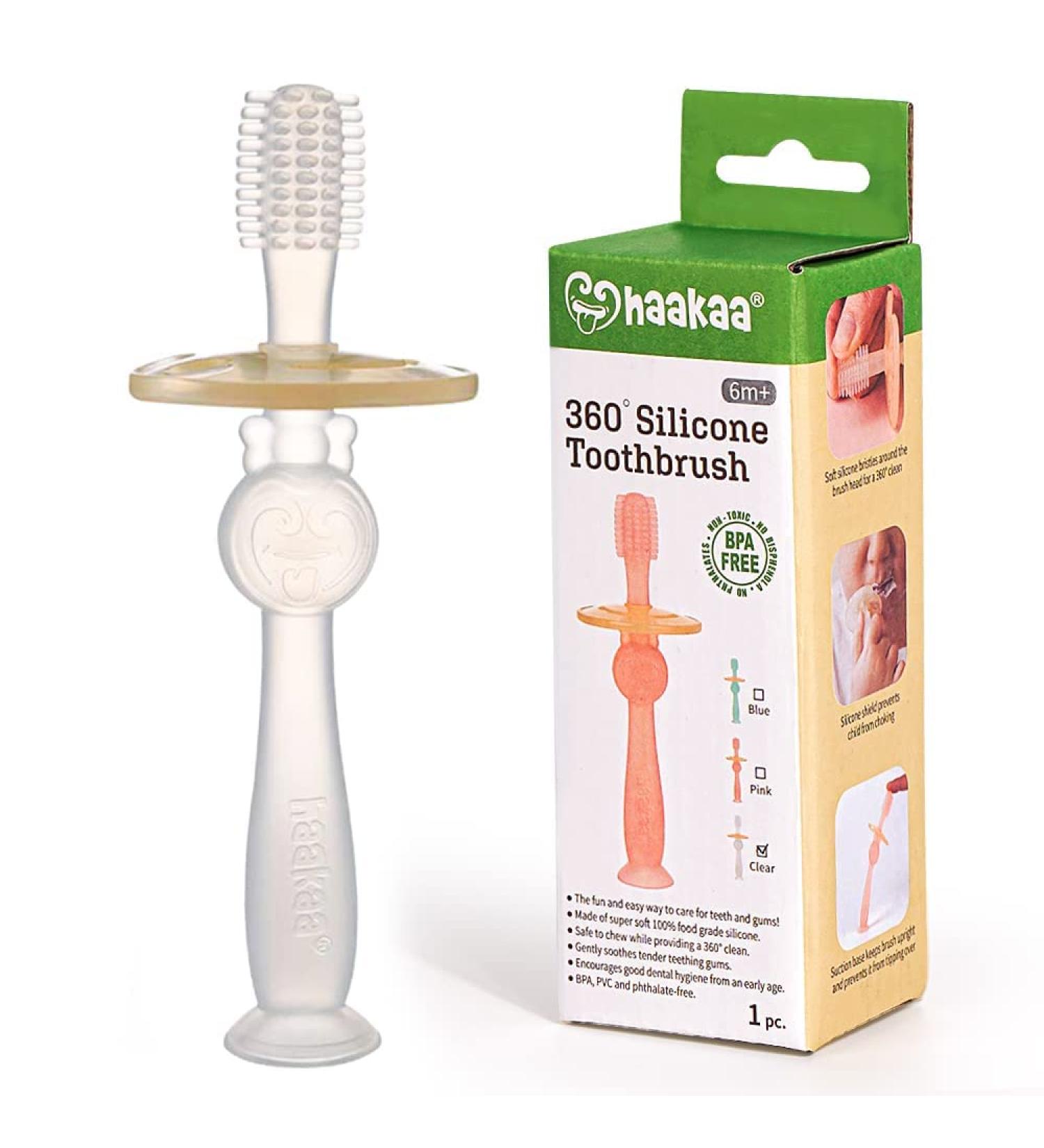 Haakaa 360 Baby Toothbrush with Suction Base Silicone Teether for Infant Training Tooth Brush Clear - Buy Online on GoSupps.com