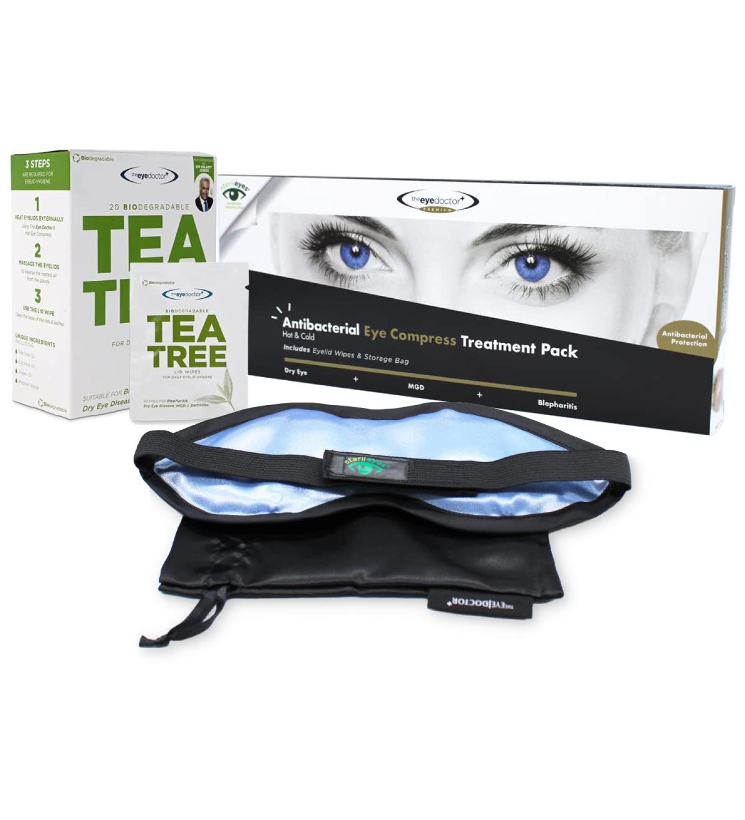 Eye Doctor Premium Treatment Bundle: Hot Cold Eye Compress and Tea Tree Eyelid Wipes - Dry Eye Relief for Blepharitis & MGD - Microwave Safe Mask & 20 Wipes - Buy Online on GoSupps.com