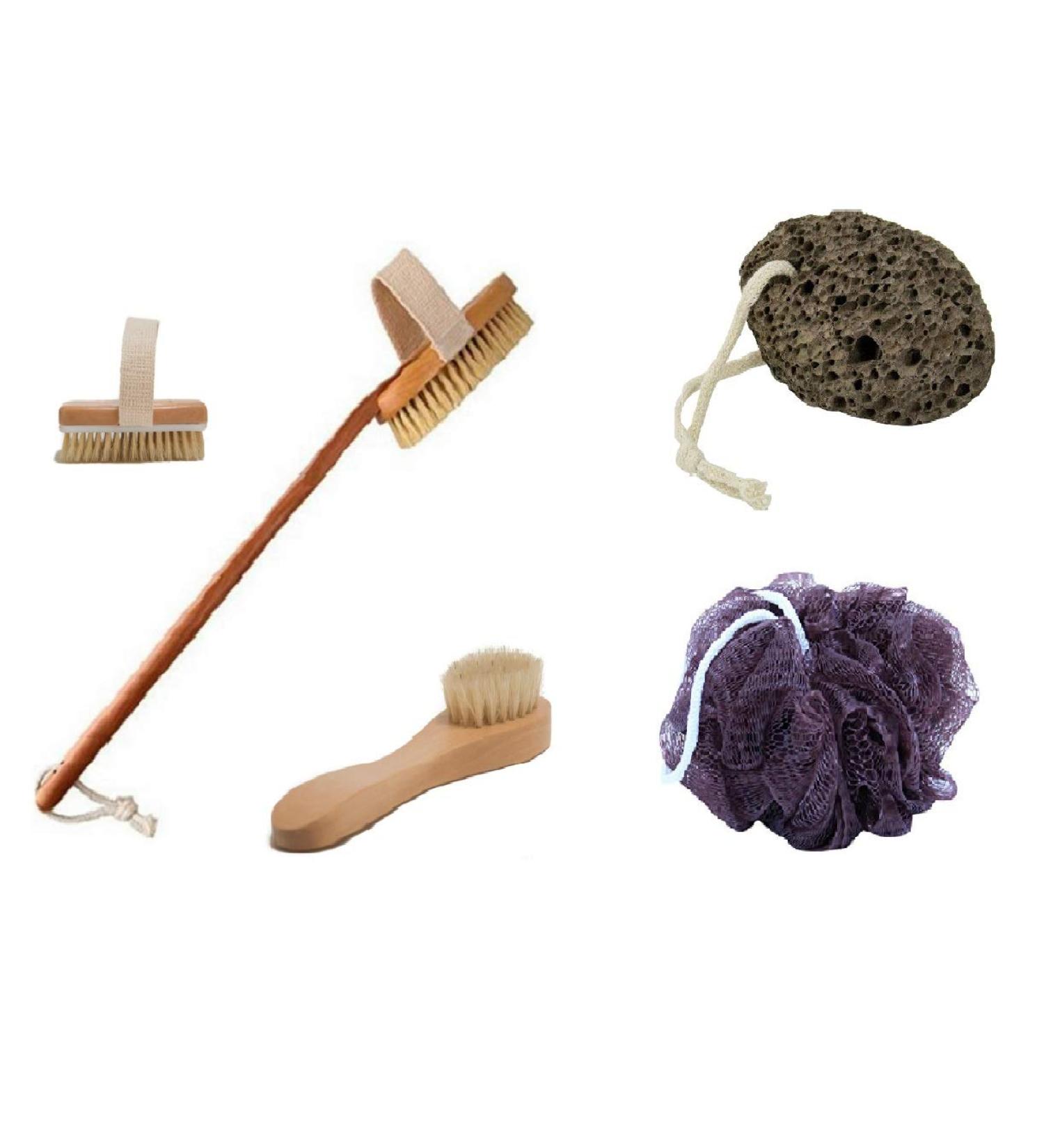 Exfoliating Dry Brush Set for Body & Face with Handle, Mesh Pouf, and Pumice Stone - Gift for Men & Women (4 Pack) - Buy Online on GoSupps.com