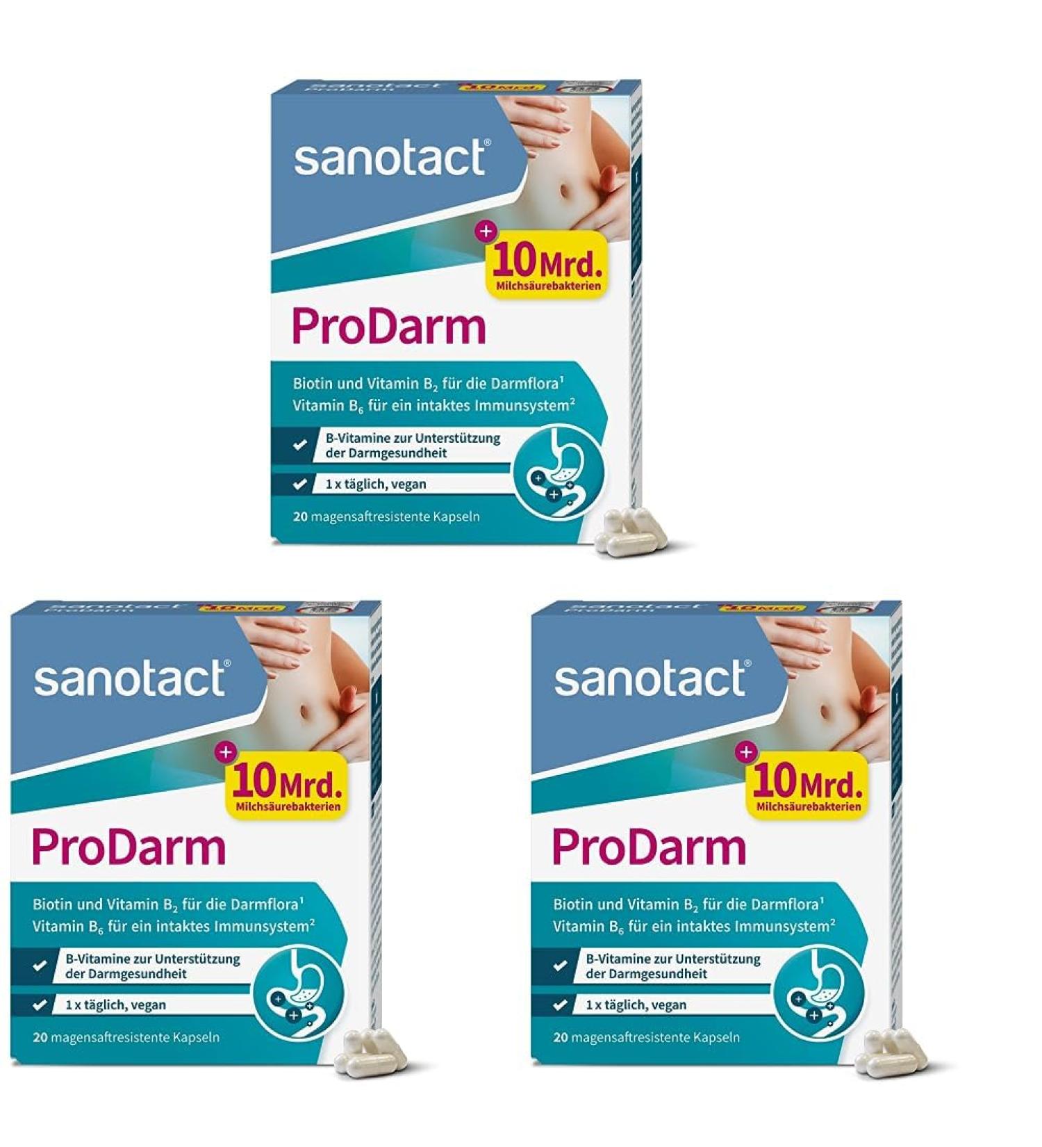 Sanotact 10 Billion Lactic Acid Cultures - 3 Strains for Intestinal Health | 20 Capsules Colon Cleanse with Vitamin B6 B2 & Biotin (Pack of 3) - Buy Online on GoSupps.com