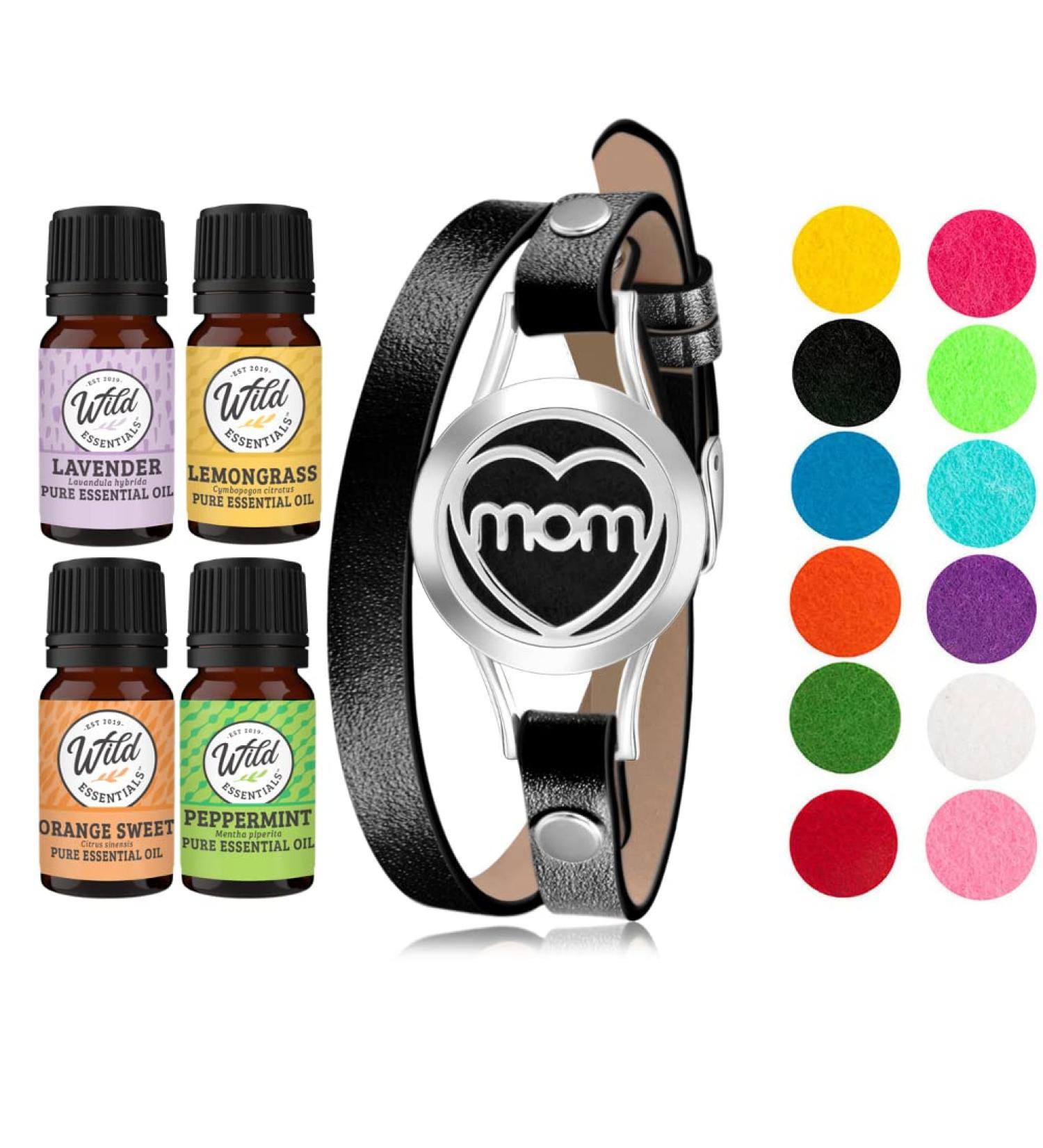 Wild Essentials MOM Essential Oil Diffuser Bracelet Kit | Aromatherapy Jewelry Gift Set with Lavender Lemongrass Peppermint & Orange Oils - Customizable Color Changing - Buy Online on GoSupps.com